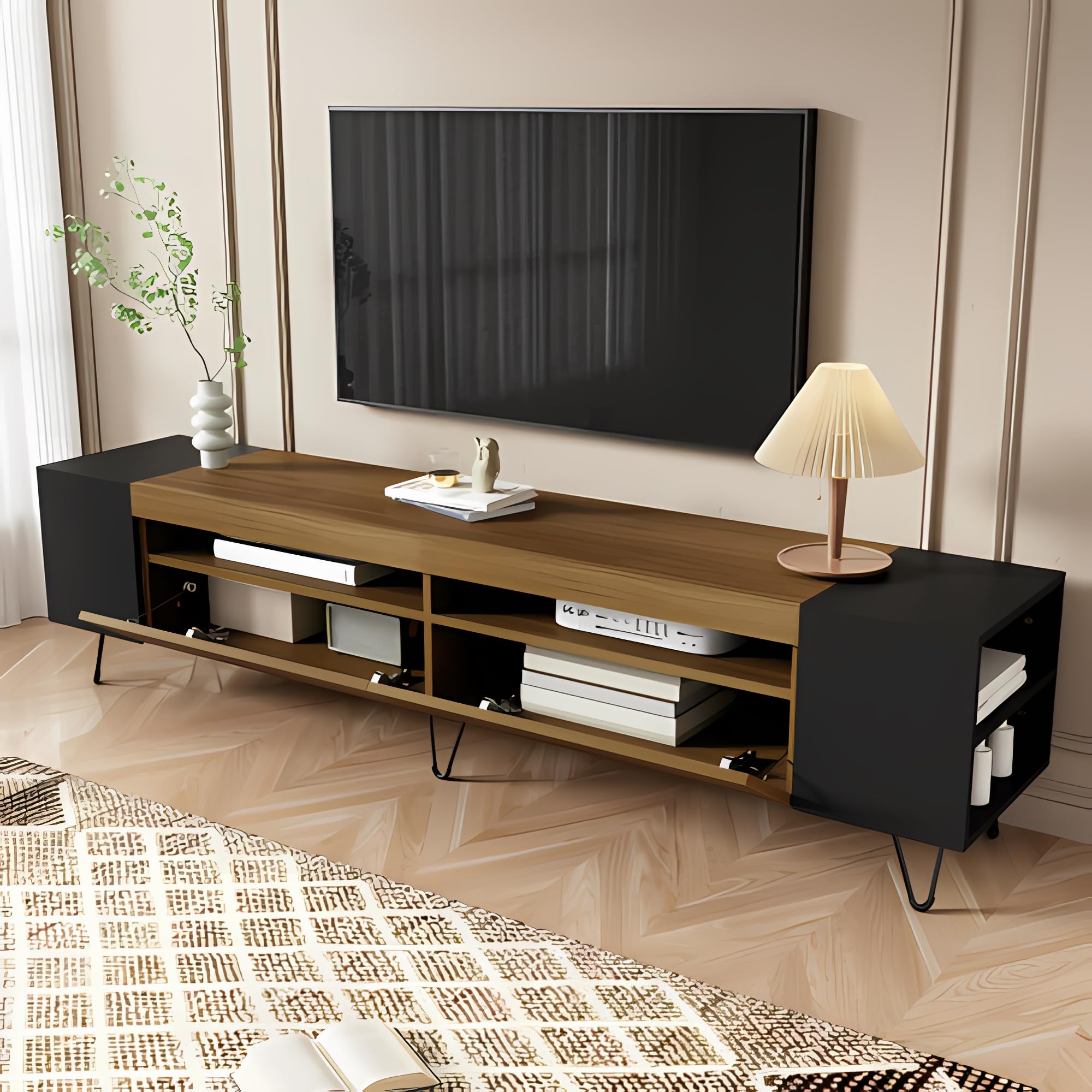 TV Schrank 160cm mit offenen Ablagen und Stauraumbereich lowboard in Holzoptik mit Metallfüßen geeignet fernsehschrank für Wohnzimmer Schlafzimmer Moderne tv Board Schwarz