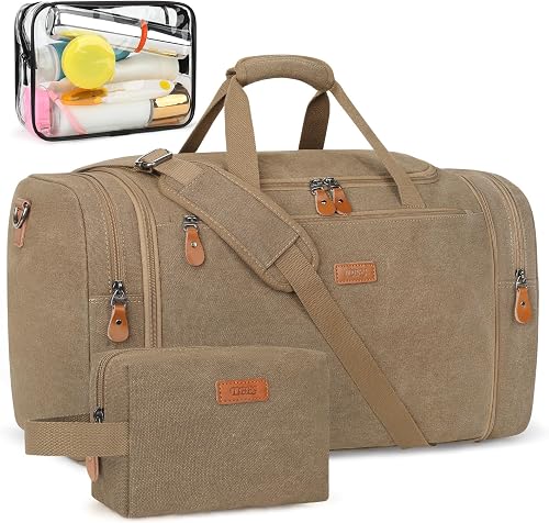Duffle Bag for Travel, Expandable 50L Canvas Weekender Bag, Overnight Bag Travel Duffel Bag for Men Carry On Luggage with Removable Shoulder Strap, Durable & Water-Resistant, 5-Khaki, Large, Casual