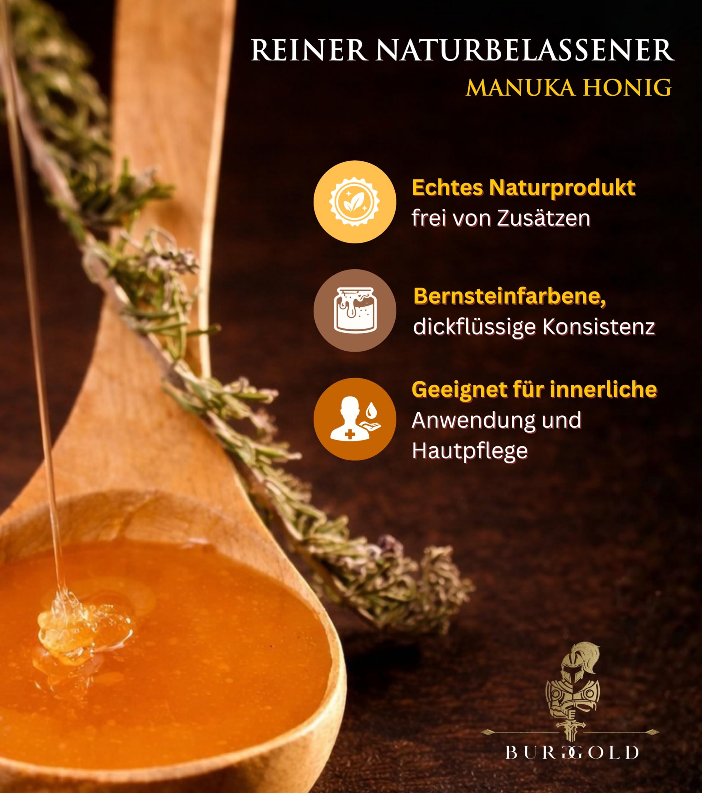 Burggold Manuka Honig 550 MGO+ im Glas (250g) (100% reiner Premium Honig aus Neuseeland mit zertifiziertem Methylglyoxal Gehalt, laborgeprüft, vakuumversiegelt, ohne Zusätze)