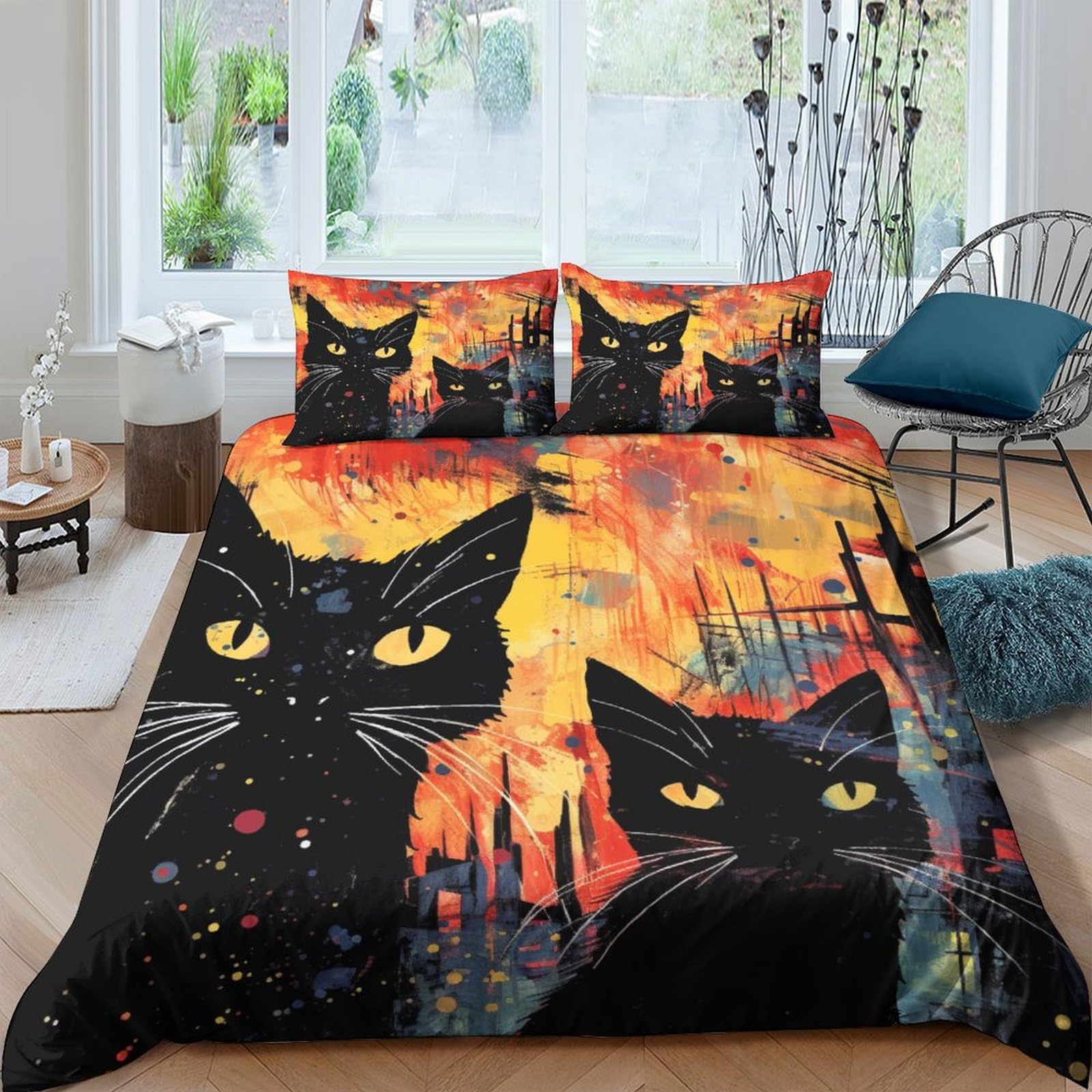Housse de couette chat 3D facile à enfiler avec fermeture éclair pour lit king size 220x240