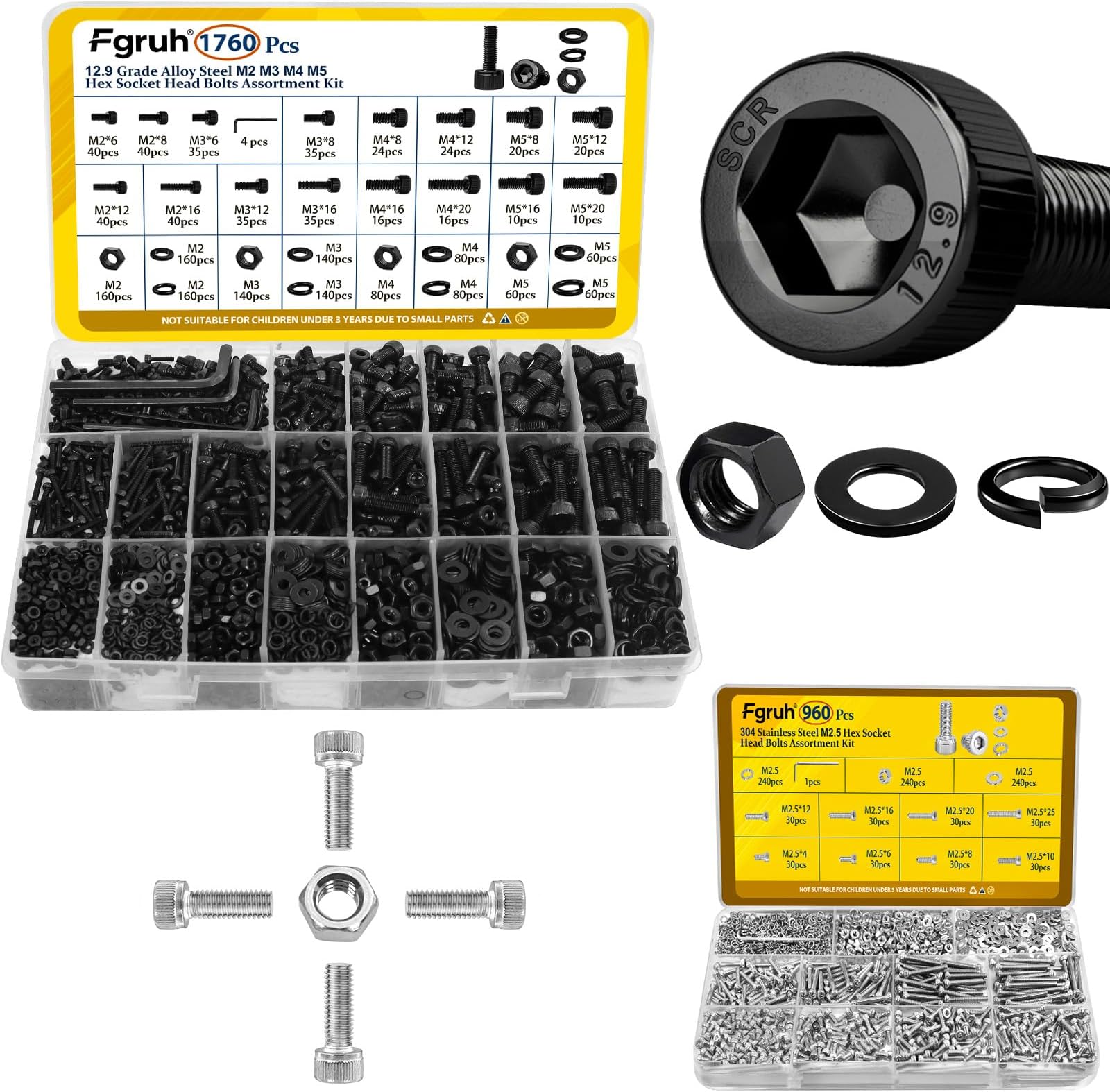 1760PCS Metric M2 M3 M4 M5 Hex Socket Head Cap Bolts Assortment Kit & 960Pcs M2.5 Hex Socket Head Bolts Assortment Kit with Nuts, Washers for DIY, 3D Printer