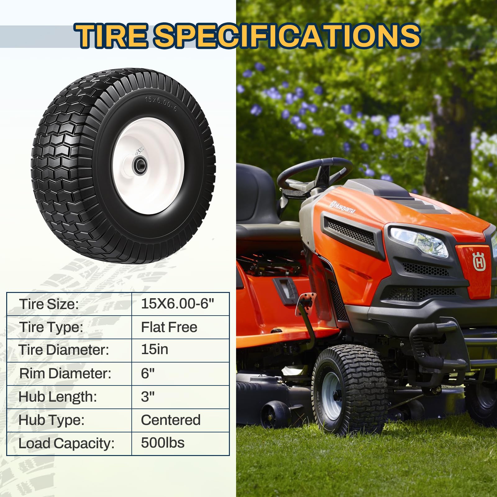 Neumático y rueda para cortacésped de 15 x 6.00-6, montaje de neumático delantero de 15 x 6-6 pulgadas compatible con tractores John Deere Husqvarna, con rodamientos de 0.75 y 0.63 pulgadas, cubo