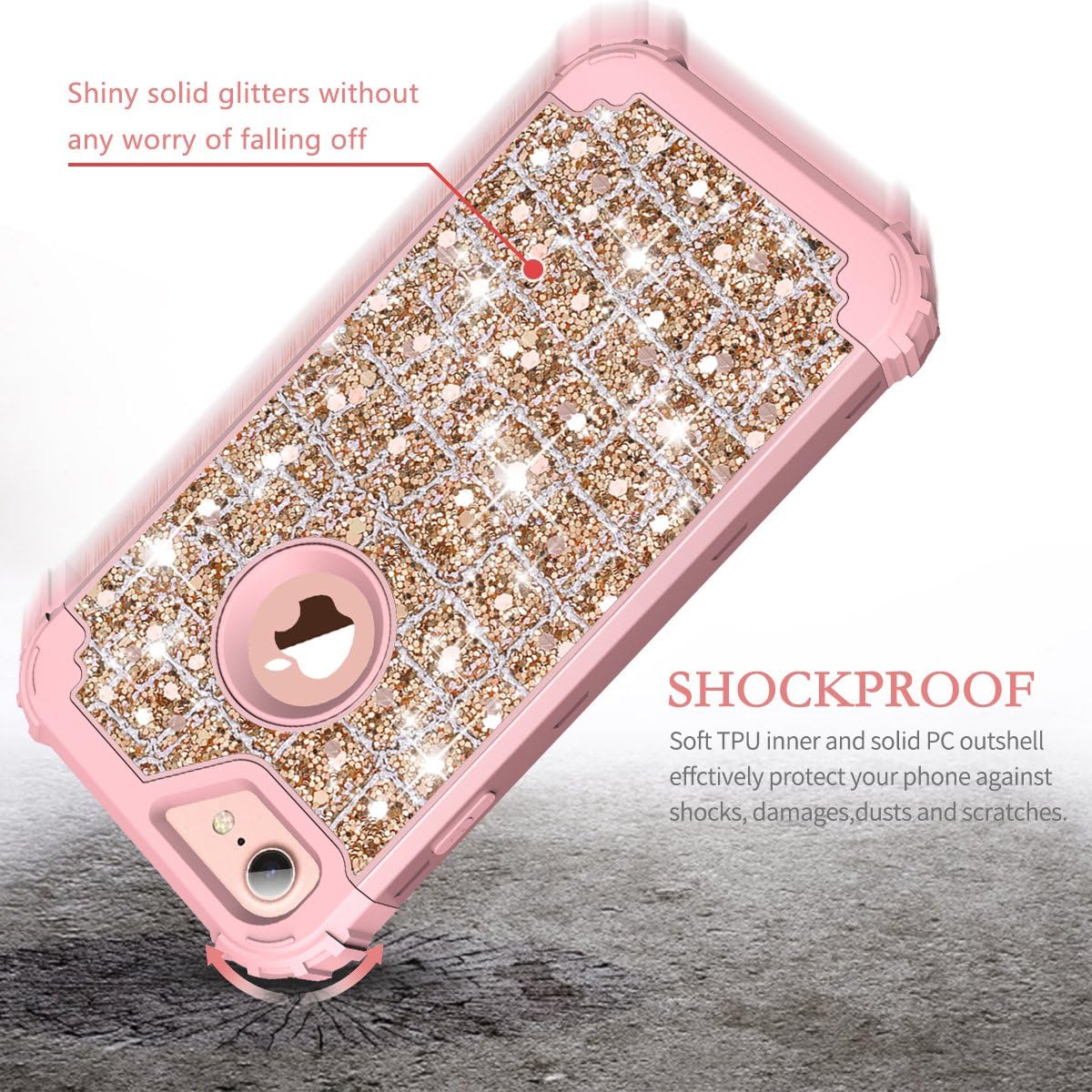Hekodonk for iPhone 8/7 Case,3 Layer Luxury Bling Sparkle Shiny Heavy Duty Shockproof Fullbody Protective Impact Hybrid Cover for Apple iPhone 8/ iPhone 7 Bling Rose Gold