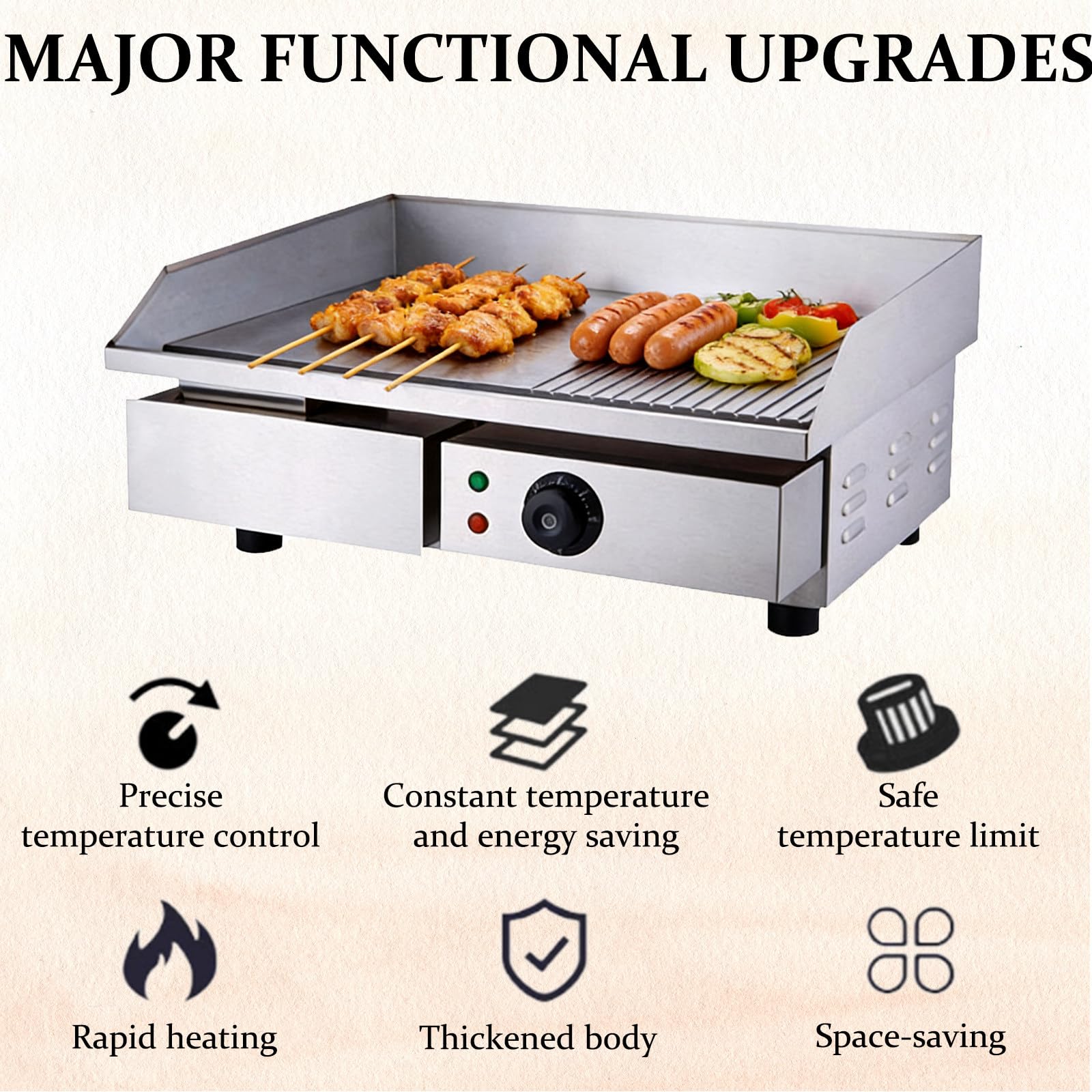 Plancha EléCtrica Comercial, Plancha EléCtrica Profesional, ProteccióN contra Salpicaduras Y Calor, Bandeja Recogegrasa, para Carne Y Panqueques 818-B
