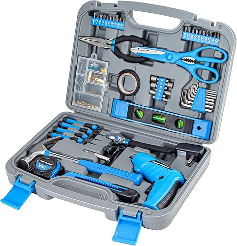 Cartman 149 Piece Tool Set General Household Hand Tool Kit with Cordless Screwdriver Blue