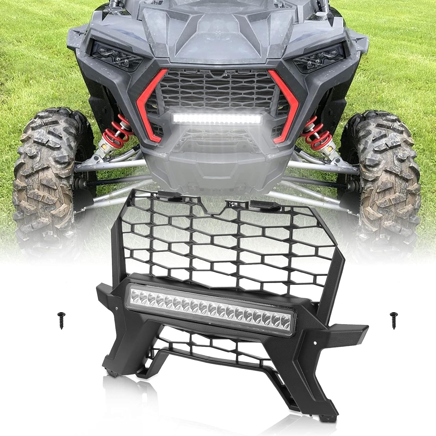 KEMIMOTO UTV Front Grill Light Compatible with 2019-2023 Polaris RZR XP 1000, Waterproof Black Lower Mesh with LED Light Bar Accessories Compatible with Polaris RZR XP/XP4 1000 Turbo 2019-2023