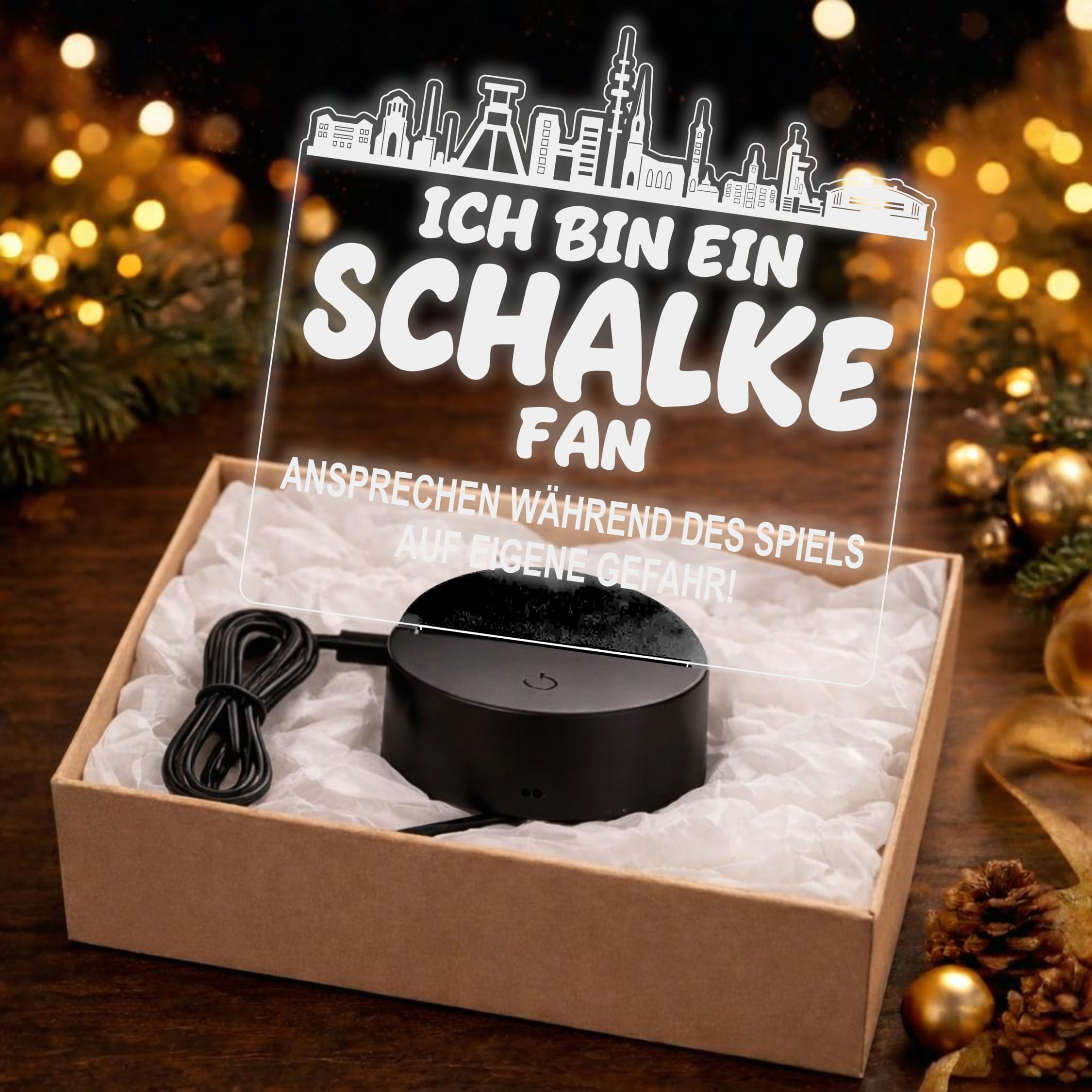 Lieblingsmensch Schalke Fan Fußball LED Nachtlicht – 3D Skyline Design „Ansprechen auf eigene Gefahr“ – RGB Farbwechsel mit Fernbedienung & Touch – Stimmungslicht für die Man Cave – 19x23cm
