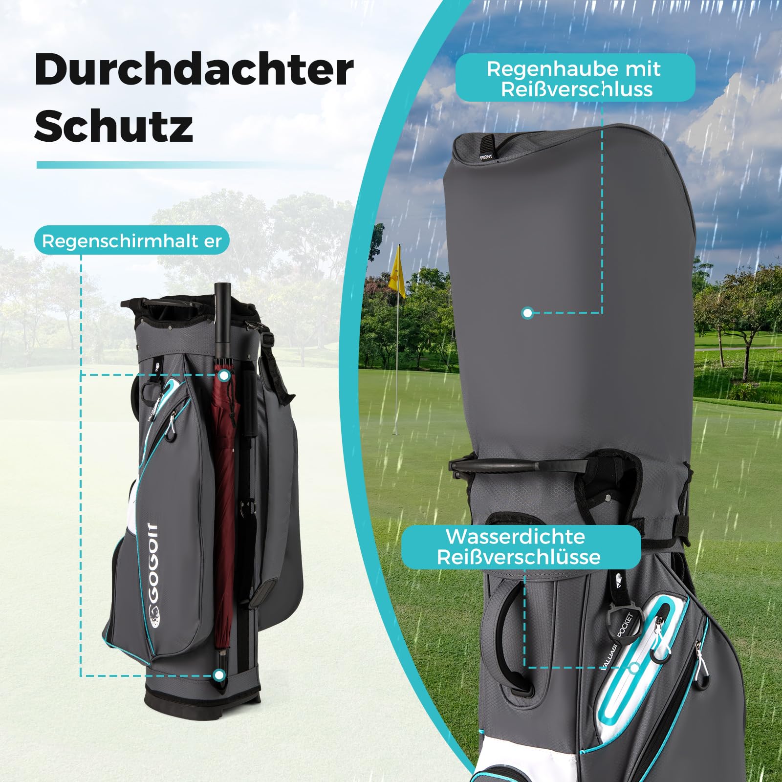 GYMAX Golftasche mit 14 Fächern, leichte Golfreisetasche mit 6 Reißverschlusstaschen, Golfreisetasche mit Handtuchhalter& Regenschirmhalter, Standtasche für Golfschläger