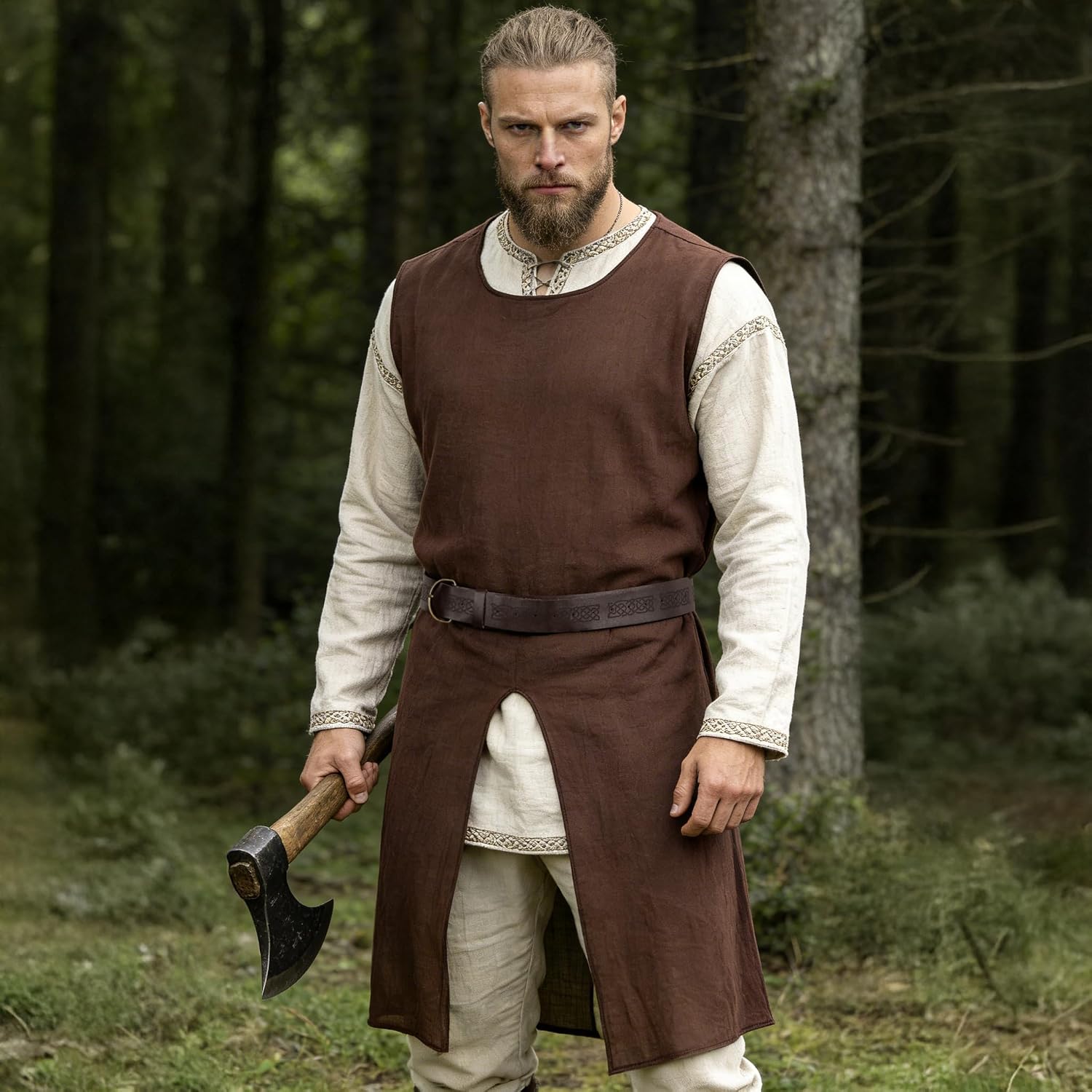 JEGERMIG Medieval Sleeveless Tunic Vest, Renaissance Viking Knight Costume Robe with Belt, Gothic Halloween Costume