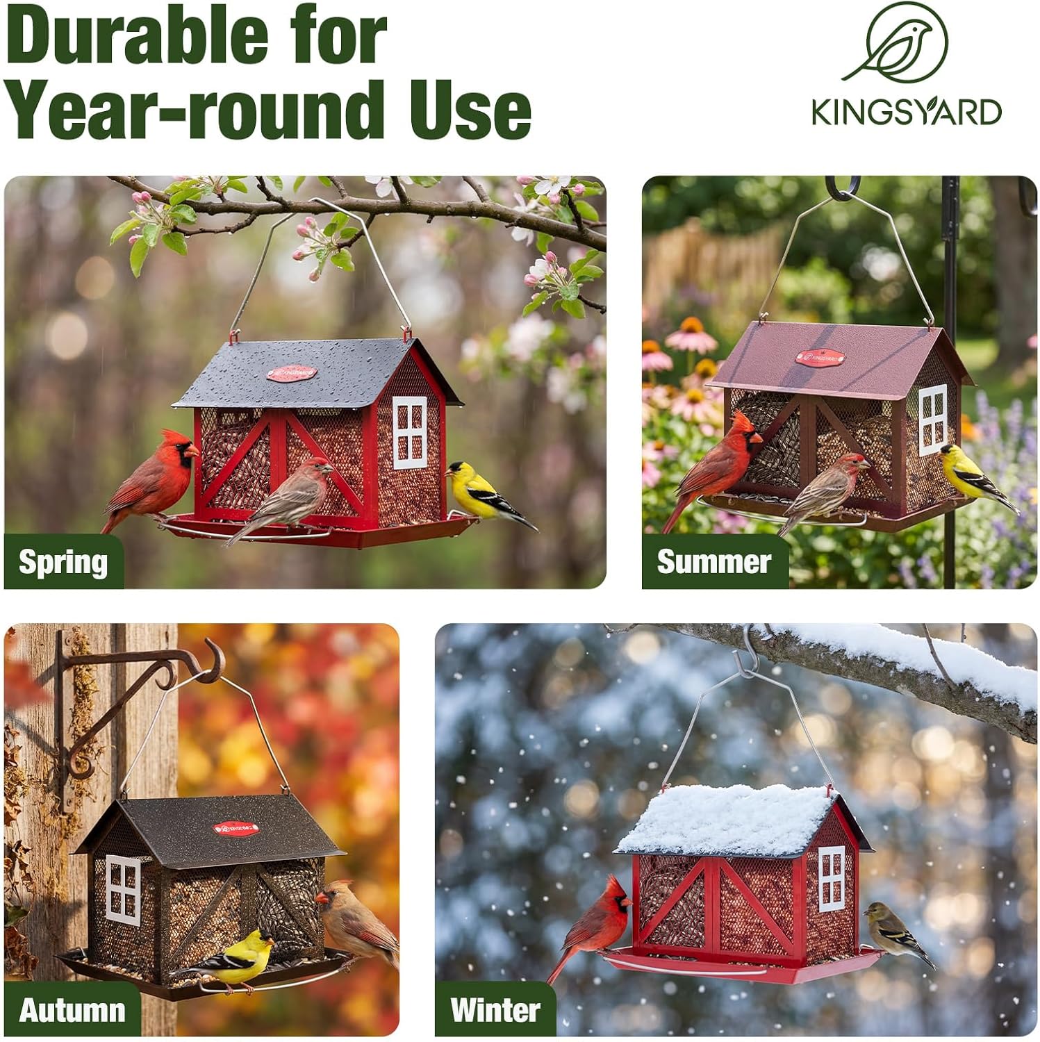 Kingsyard Metal Bird Feeder for Outdoors Hanging, 2-in-1 Wild Bird Feeder with Seed Tray & Built-in Perch, 5 lb Large Capacity for Cardinal Chickadee Finch, Black