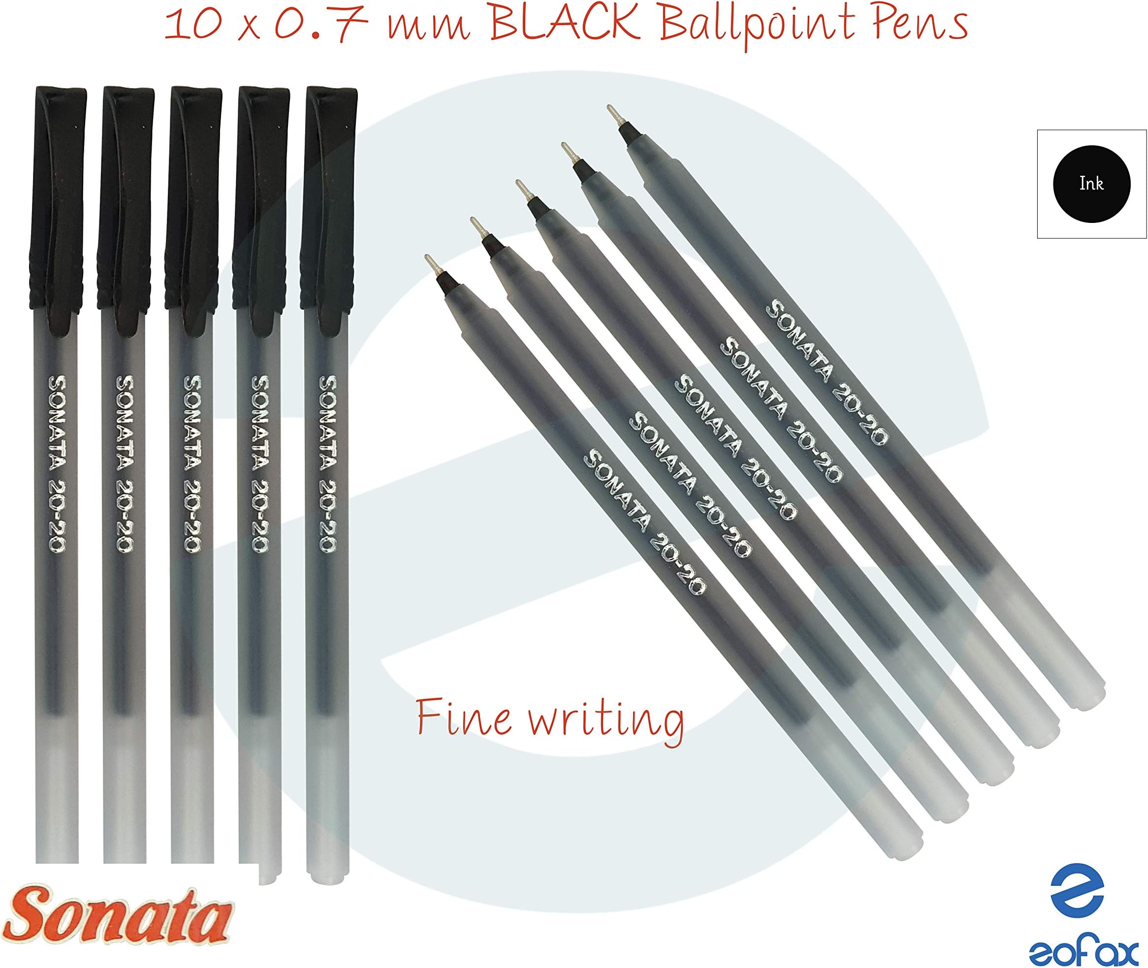 SONATA10 x 0.7mm Fine Smooth Tip 20-20 BLACK Ballpoint Pens Office School Home