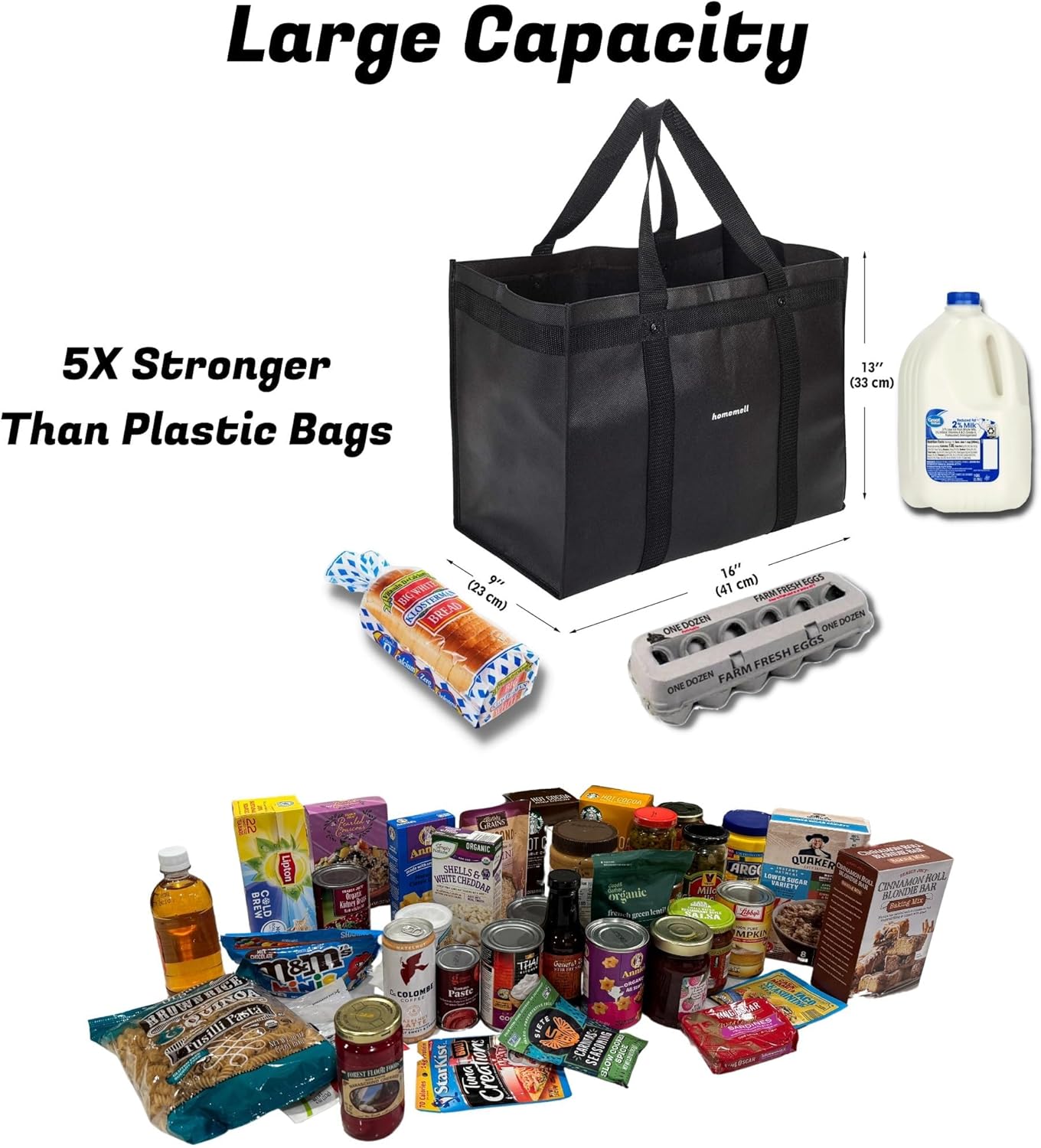 Homemell Heavy Duty Reusable Grocery Bags, Large Collapsible Tote Bag Holds 100 LBS, Extra-Strength Premium Material (Black, 4-Pack) - Image 9