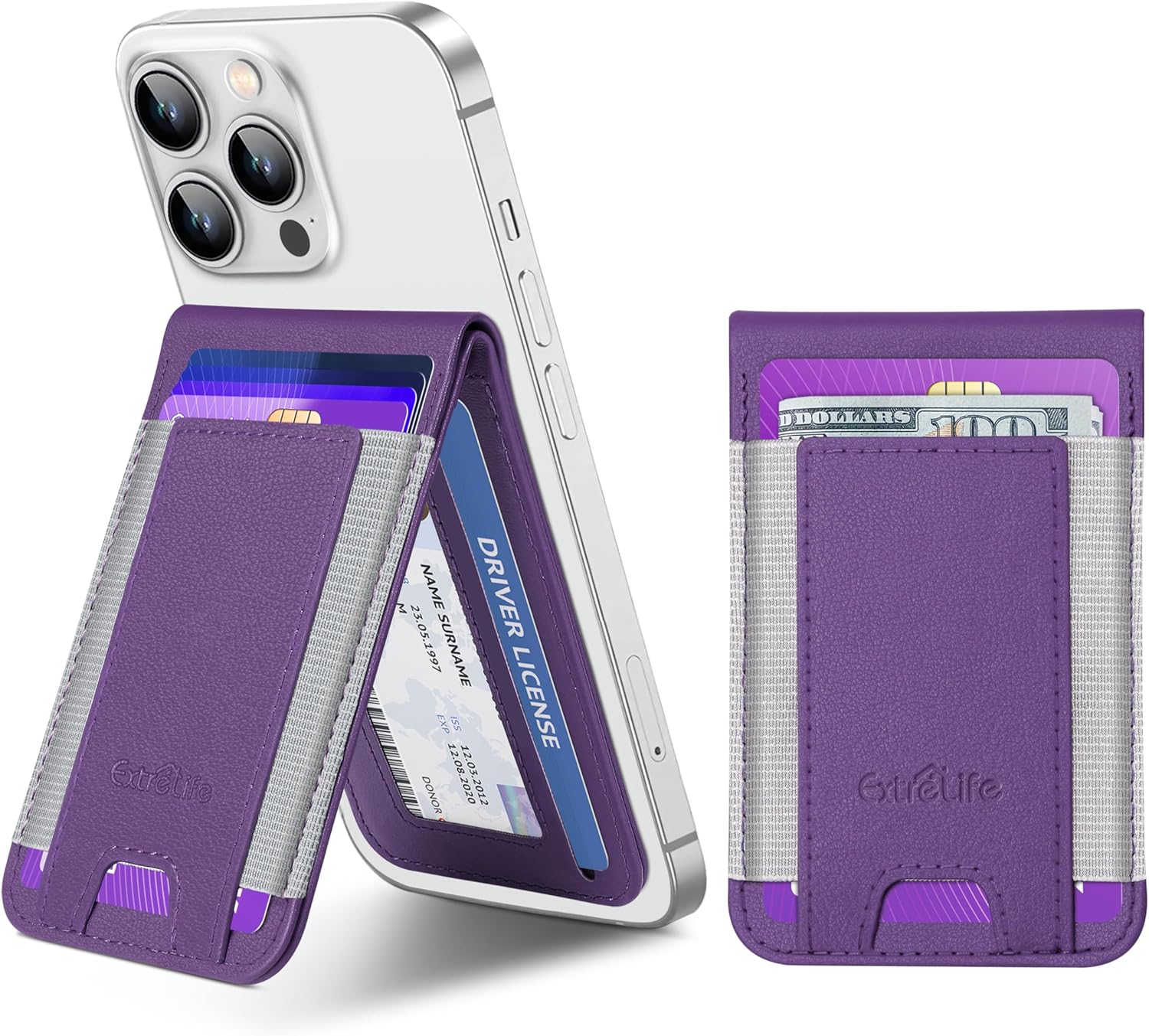 Phone Wallet Stick On, Upgraded Phone Wallet with Adjustable Stand, Open ID Window, 8-Card Holder, Stronger 3M Adhesive Credit Card Holder for Back of Phone Case, iPhone, Samsung and Android, Purple