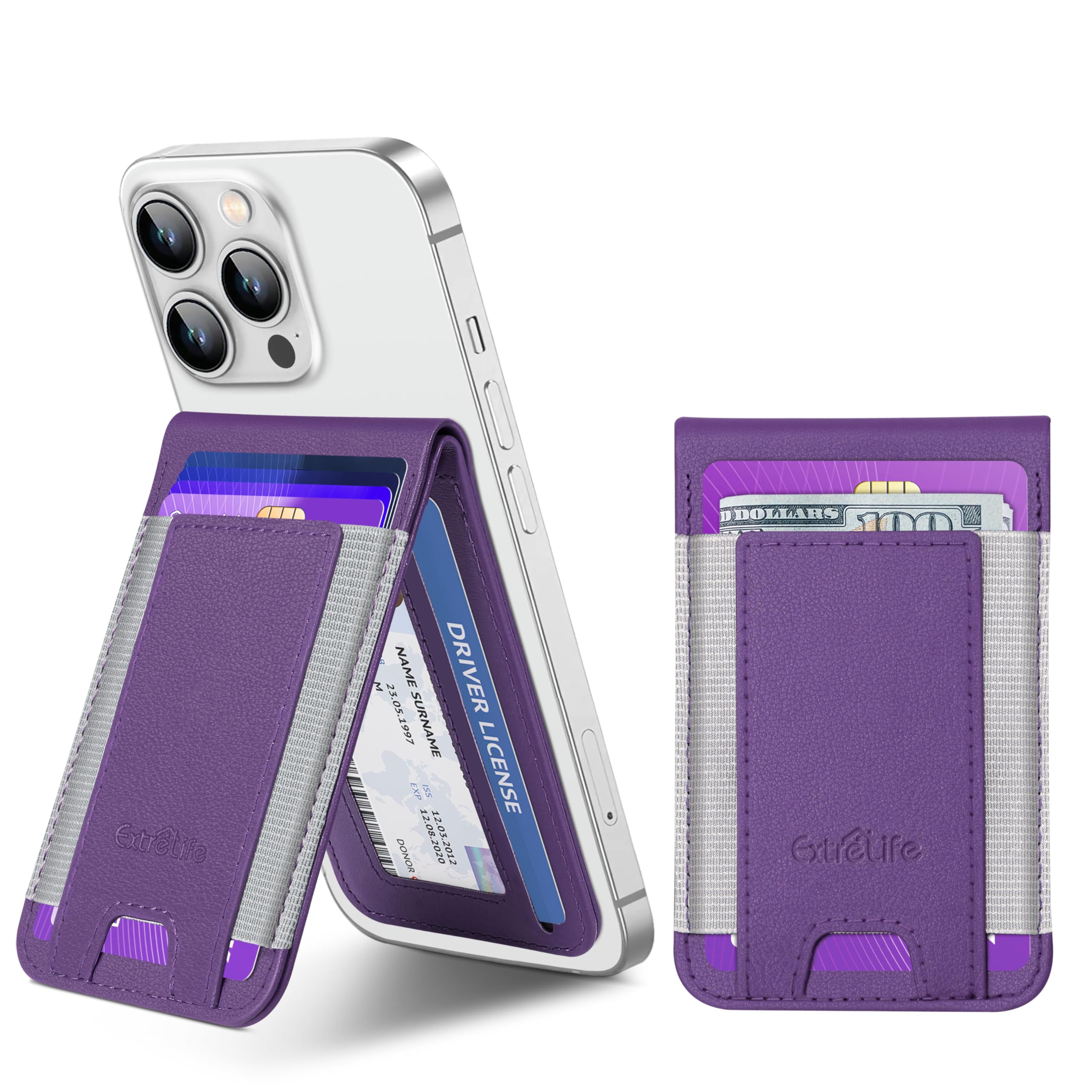 Phone Wallet Stick On, Upgraded Phone Wallet with Adjustable Stand, Open ID Window, 8-Card Holder, Stronger 3M Adhesive Credit Card Holder for Back of