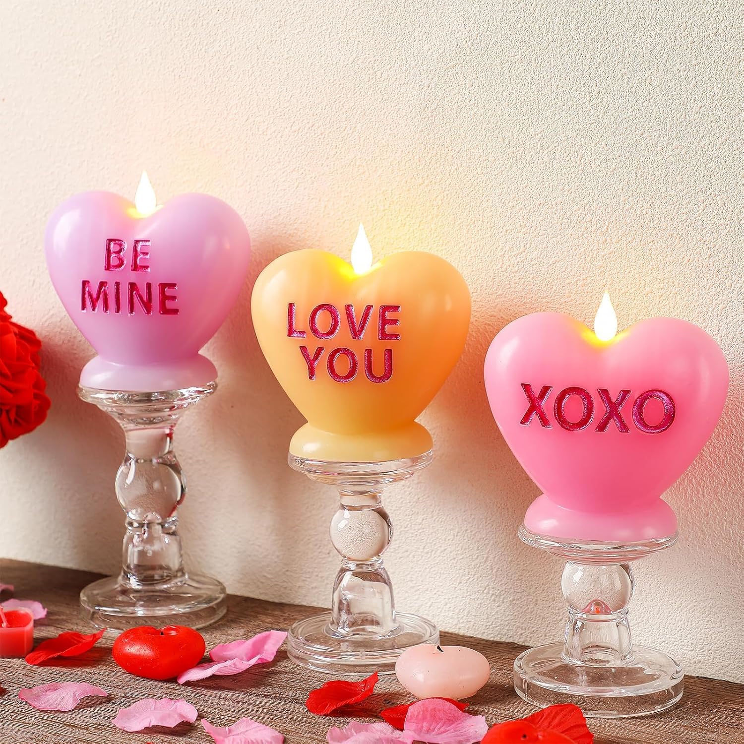 3 Pack Valentine's Day Candles Heart Candle Flameless Candles Flickering Battery Operated LED Heart Shaped Candles with Realistic Warm Flame Effect Romantic Decor for Wedding Anniversary