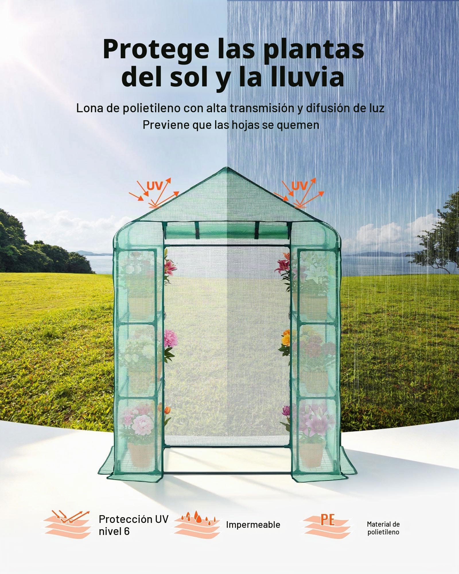 VEVOR Invernadero de Jardín 141x74,5x205 cm Carpa Lona de PE de Alta Resistencia para Plantas con 4 Estantes, Puerta y Ventanas Marco de Acero Montaje Fácil Ideal para Plantar Flores Almacenamiento
