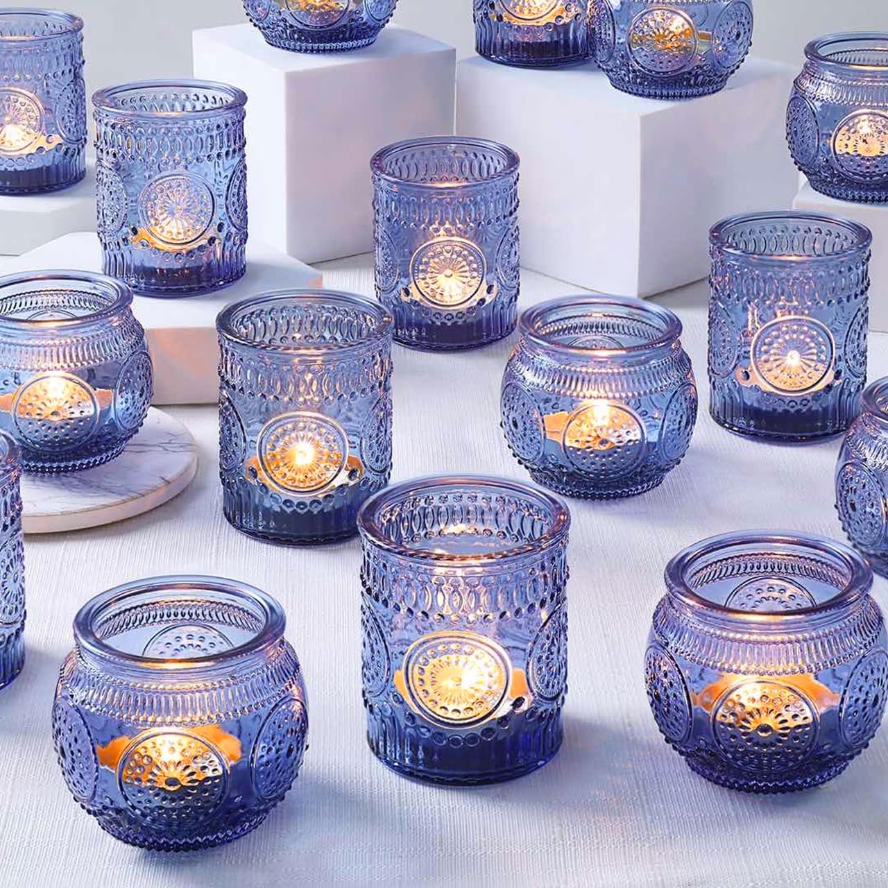 36 Pcs Blue Candle Holders Bulk & Soy Wax Tealight Candles | 100 Pack- 6 Hours