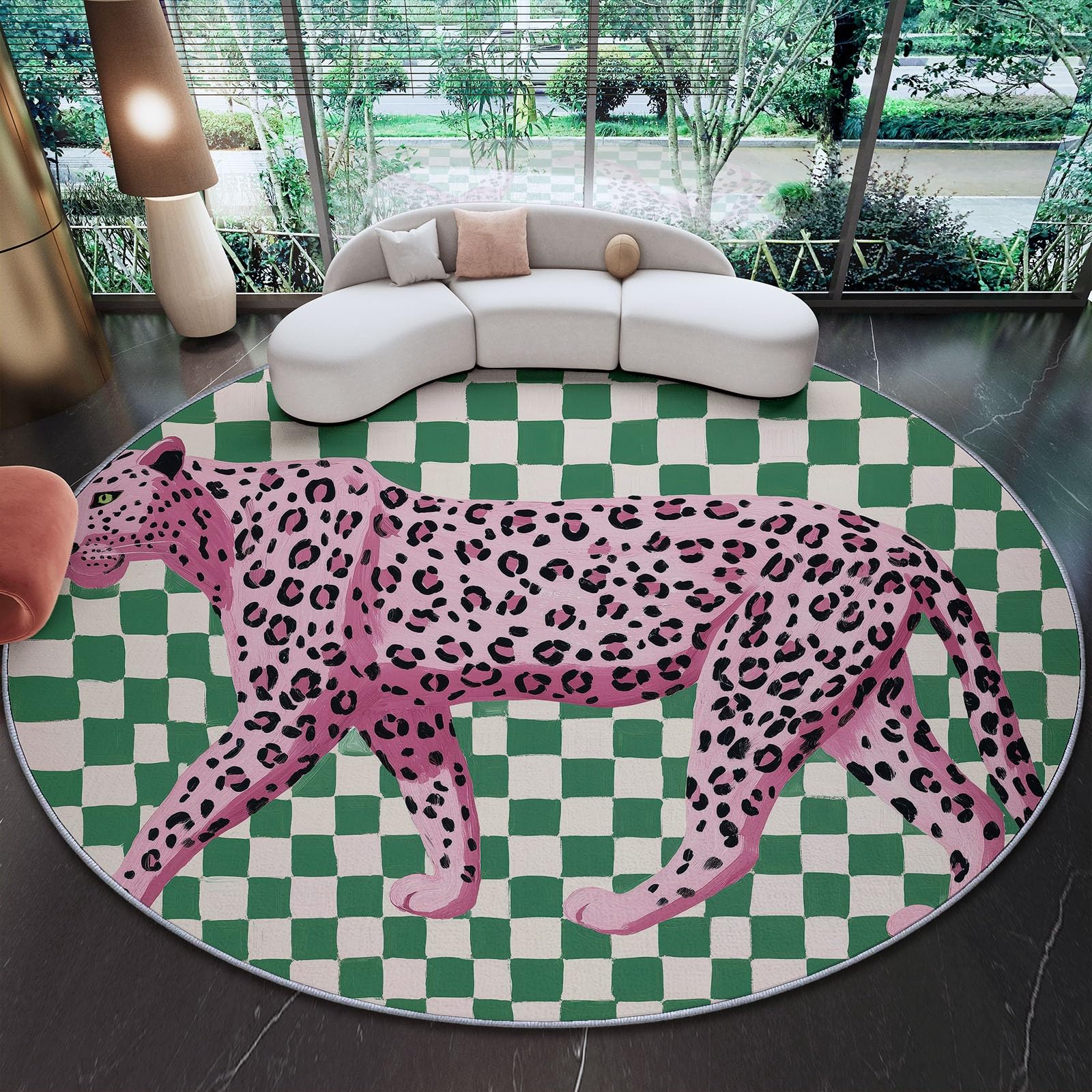 Runder Teppich 150 cm (Round) für drinnen und draußen Pop-Art-Gepardenmuster rutschfest, fusselfrei, Teppich für Küche, Veranda, Foyer Rosa