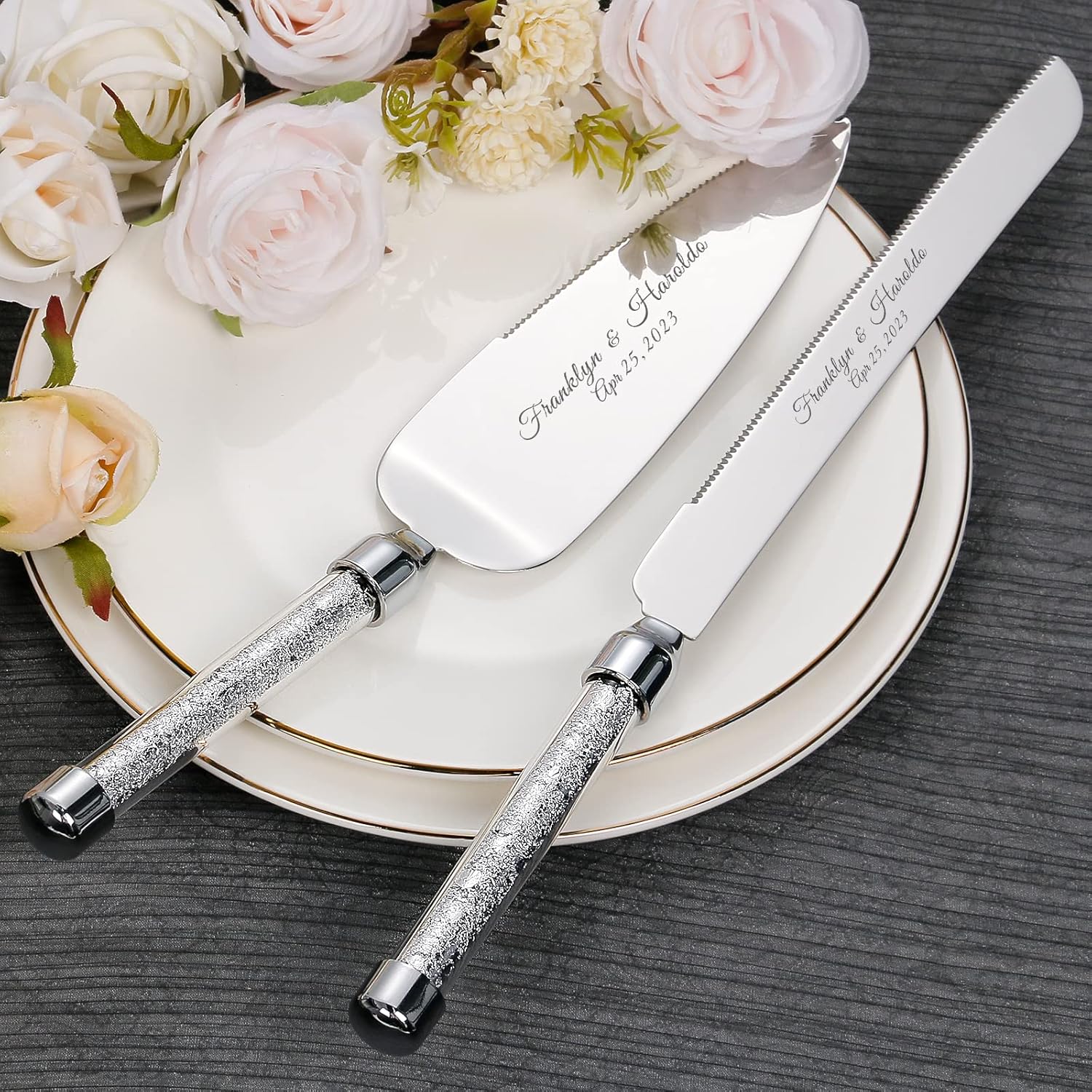 Personalized Wedding Cake Knife and Server Set, Engraved Cake Cutting Set, Silver Cake Cutter Pie Server Pizza Knife Gift for Couples Shower Quinceañera (Silver foil)