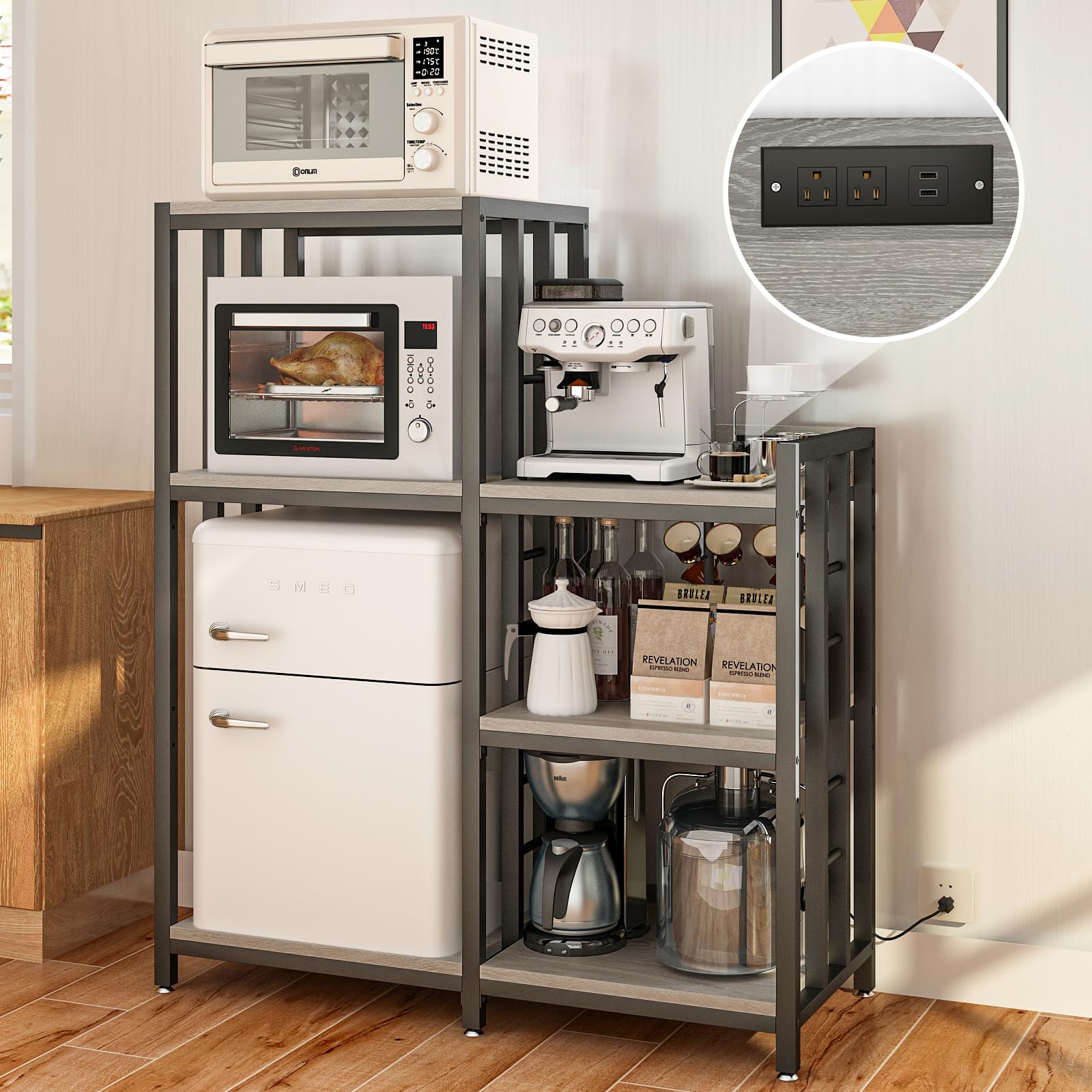 METYERRY6-Tier Adjustable Mini Fridge Cabinet With Power Outlet,Kitchen Bakers Rack With storage,Mini Fridge And Microwave Stand,Coffee Bar, Free