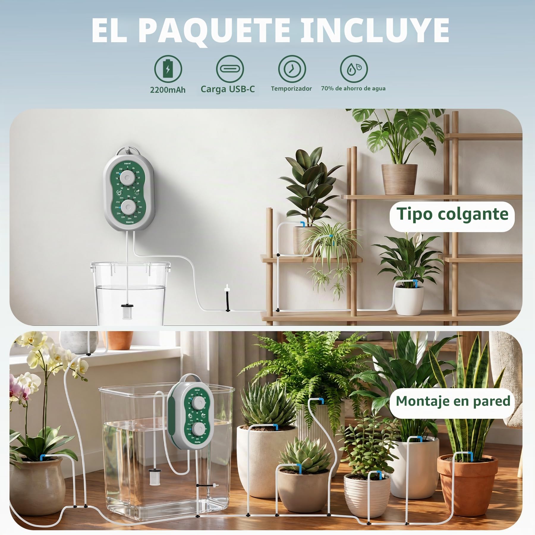 Kit Riego por Goteo Automático Recargable Sistema de Riego por Goteo 132 Modos para 15 Plantas, Sistema de Riego Automático de Plantas para Interior, Balcón, Invernadero, Jardín