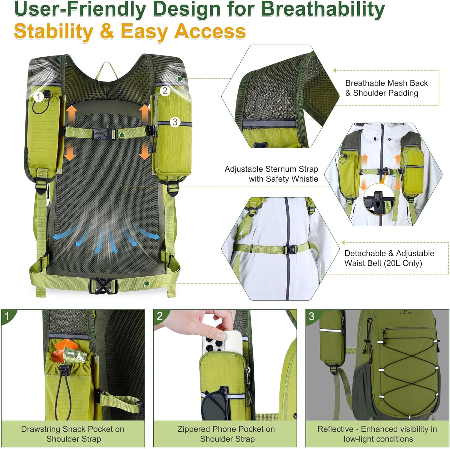 BECOJADDE Hiking Backpack 20L Small Backpack Packable Day pack Water Resistant Lightweight Travel Backpack for Women Men with Shoulder Strap Pockets for Hiking Camping Outdoor, Green