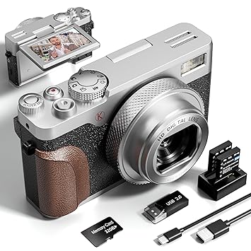 56MP Digital Cameras for Photography, 4K Autofocus Video Camera with 32GB TF Card & 2 Batteries,18X Zoom Anti-Shake Point and Shoot Digital Cameras,Compact Camera for Travel(K100 Silver)
