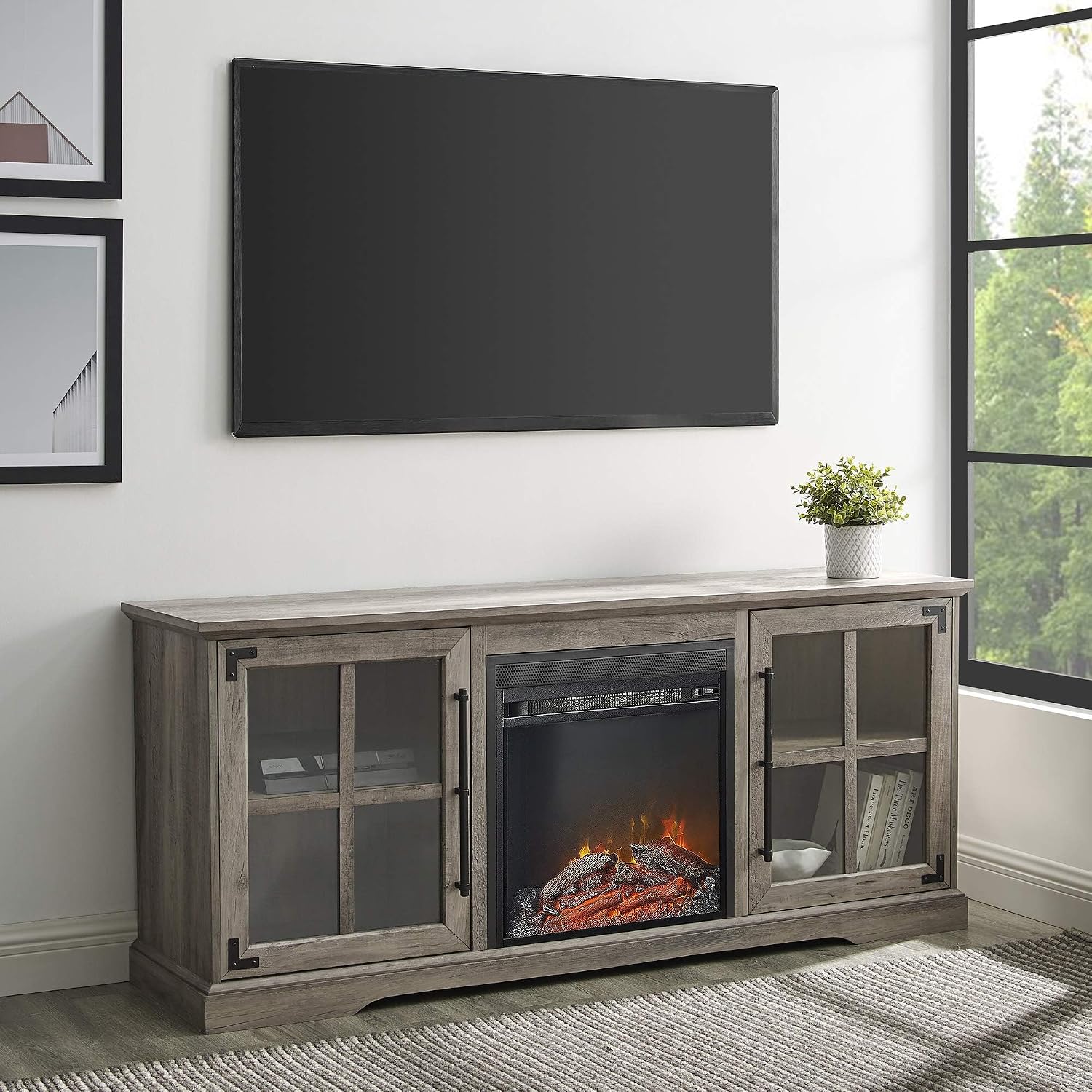 Pemberly Row 60" 2-Door LED Electric Fireplace TV Console, Gray Wash Finish, MDF Wood and Powder-Coated Steel, Tempered Glass Doors, Fits TVs Up to 60", Living Room Entertainment Center