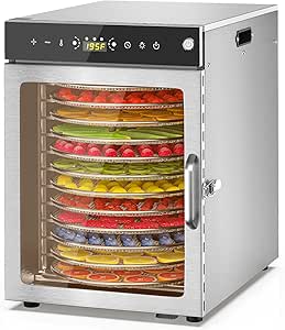 Food Dehydrator 12 Trays - 360° Rotary Meat Dehydrator with Digital Thermostat and Timer, 800W