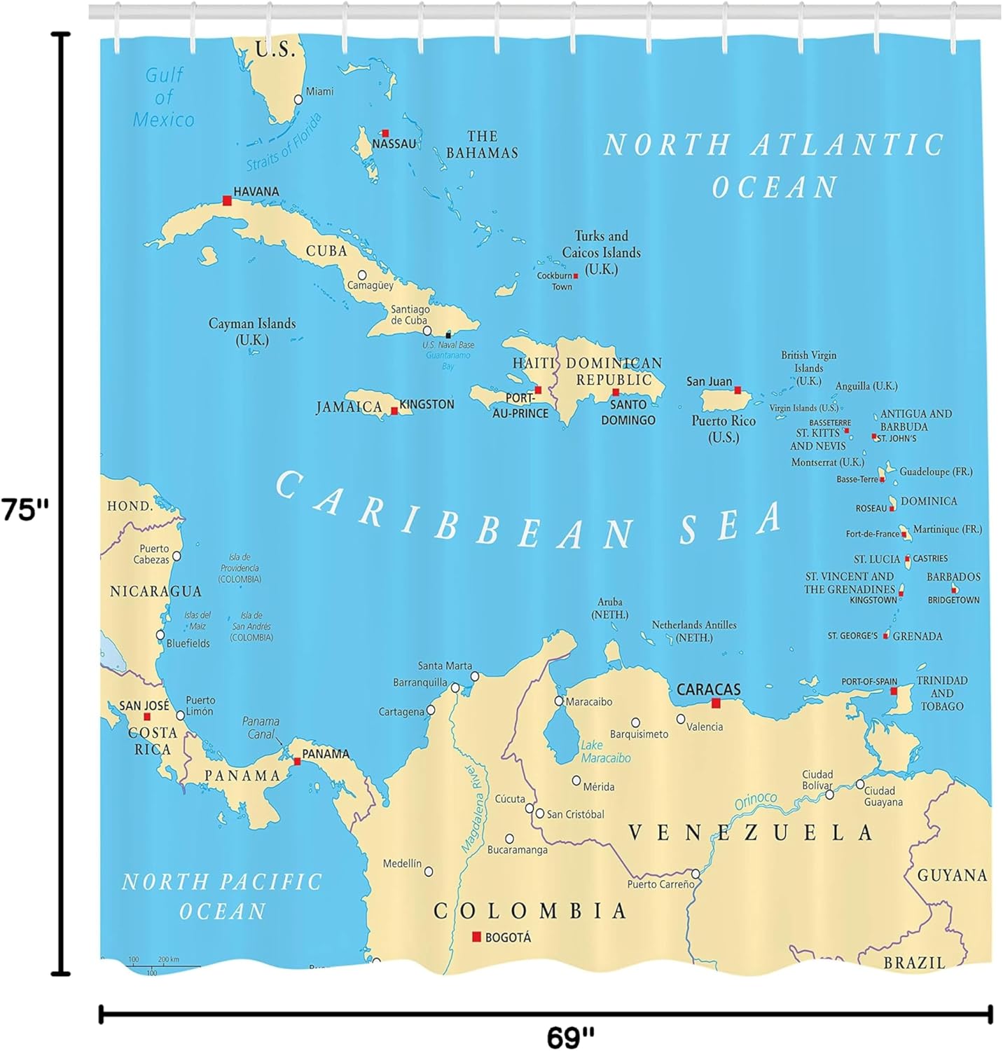 Ambesonne Map Print Shower Curtain, Caribbean Political Map Capitals National Borders Important Cities Rivers Lakes, Cloth Fabric Bathroom Decor Set with Hooks, 69" W x 75" L, Ivory Blue