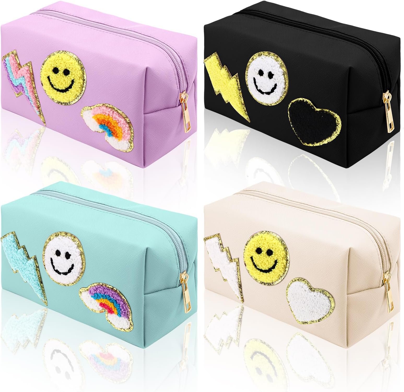 Spiareal4 Pcs Preppy Patch Makeup Bag, Women Traveling Cosmetic Bag Bulk, Pu Leather Waterproof Toiletry Bags (Bright Color)