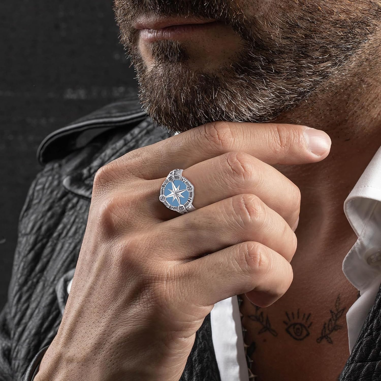 KINGWHYTE Compass Ring for Men 925 Sterling Sliver Adjustable Rings Signet Anchor Viking Vintage Ring Jewelry Gift for Men Women
