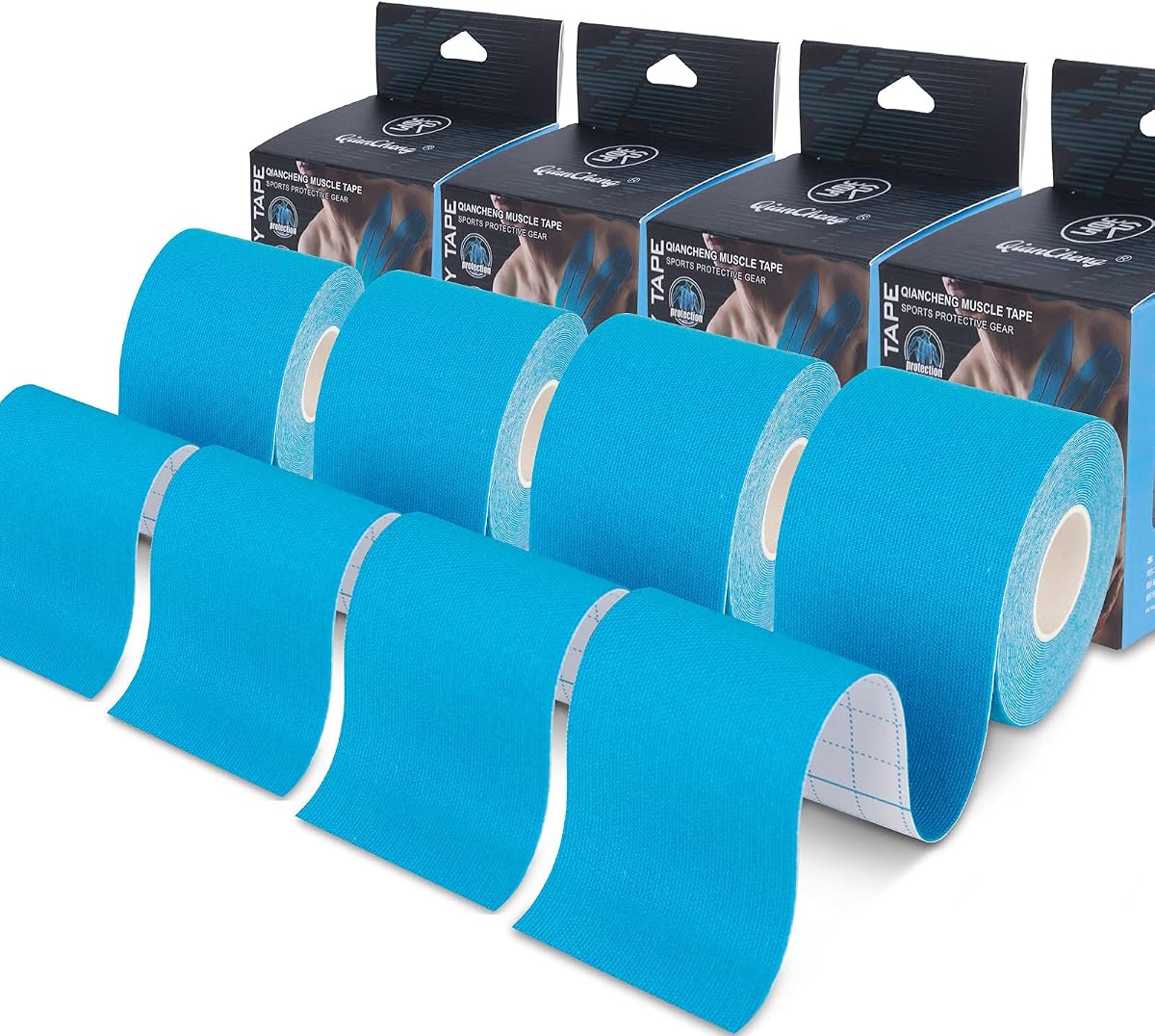 4 Pack Kinesiology Tape for Sports Athletes - 16 FT Waterproof Athletic Tape for The Knee, Elbow and Shoulder Muscles, etc. (Light Blue)