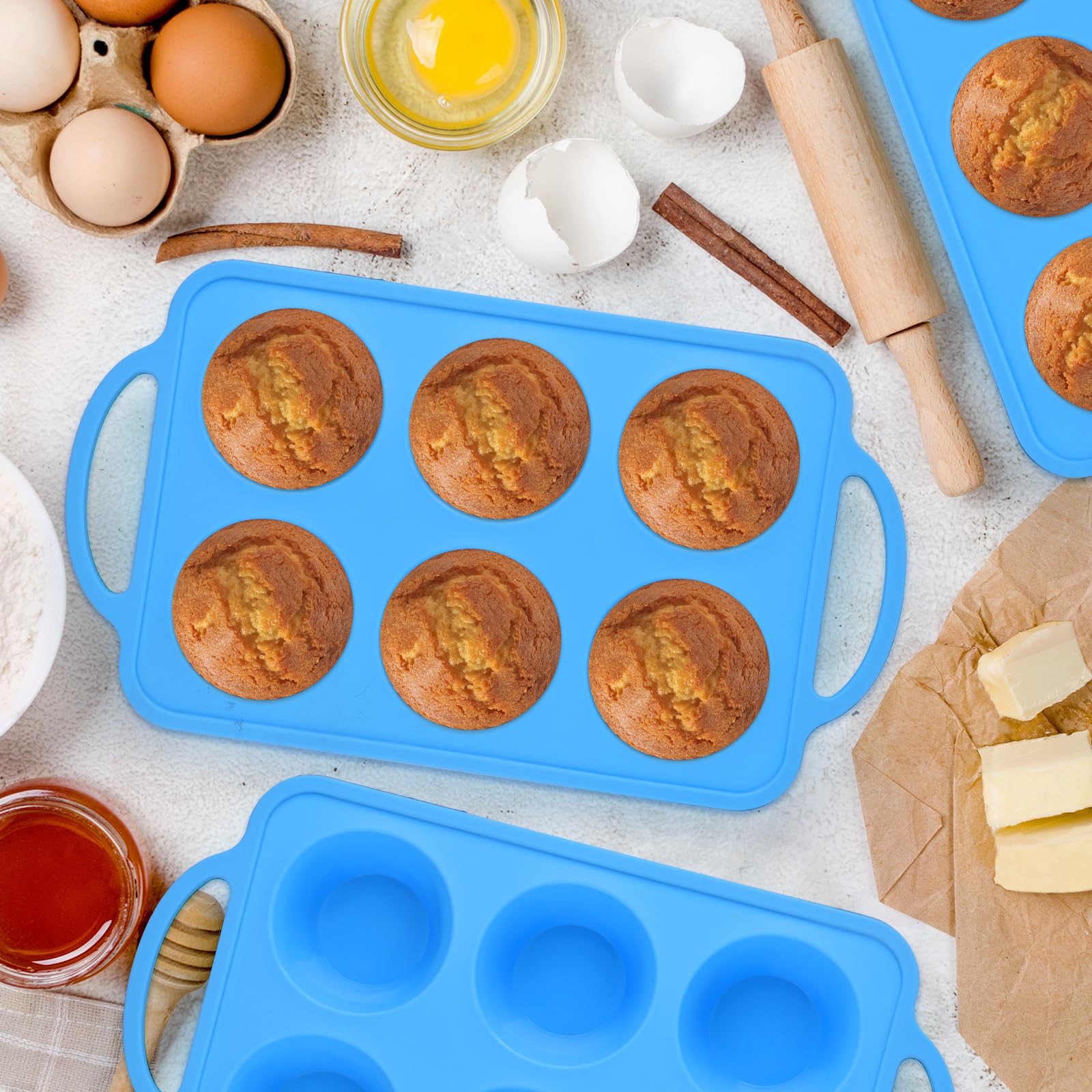 3 moldes de silicona para cupcakes con marcos de metal, 6 tazas, moldes de silicona antiadherentes para hornear magdalenas, bandeja de silicona para magdalenas, mini molde para magdalenas (azul)