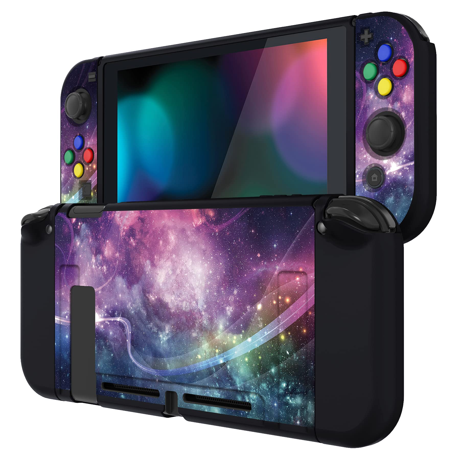 playvital Purple Galaxy Protective Case for Nintendo Switch, Soft TPU Slim Case Cover for Nintendo Switch joycon Console with Colorful ABXY Direction Button Caps