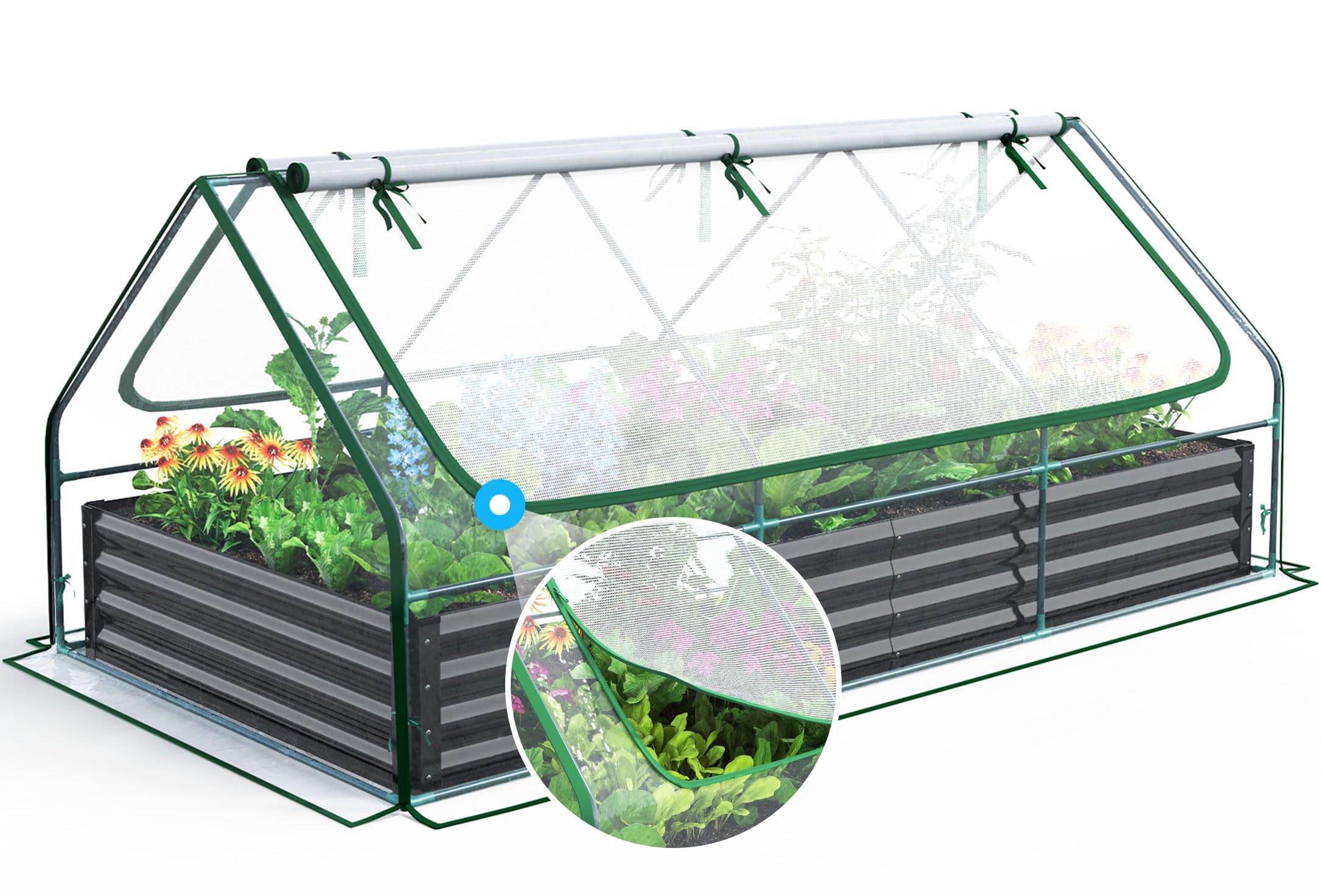 Quictent Jardineras Elevadas de Metal Galvanizado con Cubierta de Mini Invernadero, Macetero 3 en 1 Grande para Jardines, Patios y Terrazas, 240x120x30cm
