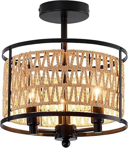 Miniatura 9 de Lámpara de techo de ratán de 3 luces, de 11 pulgadas, estilo bohemio, semiempotrada, lámpara de techo negra tejida a mano para casa de campo,
