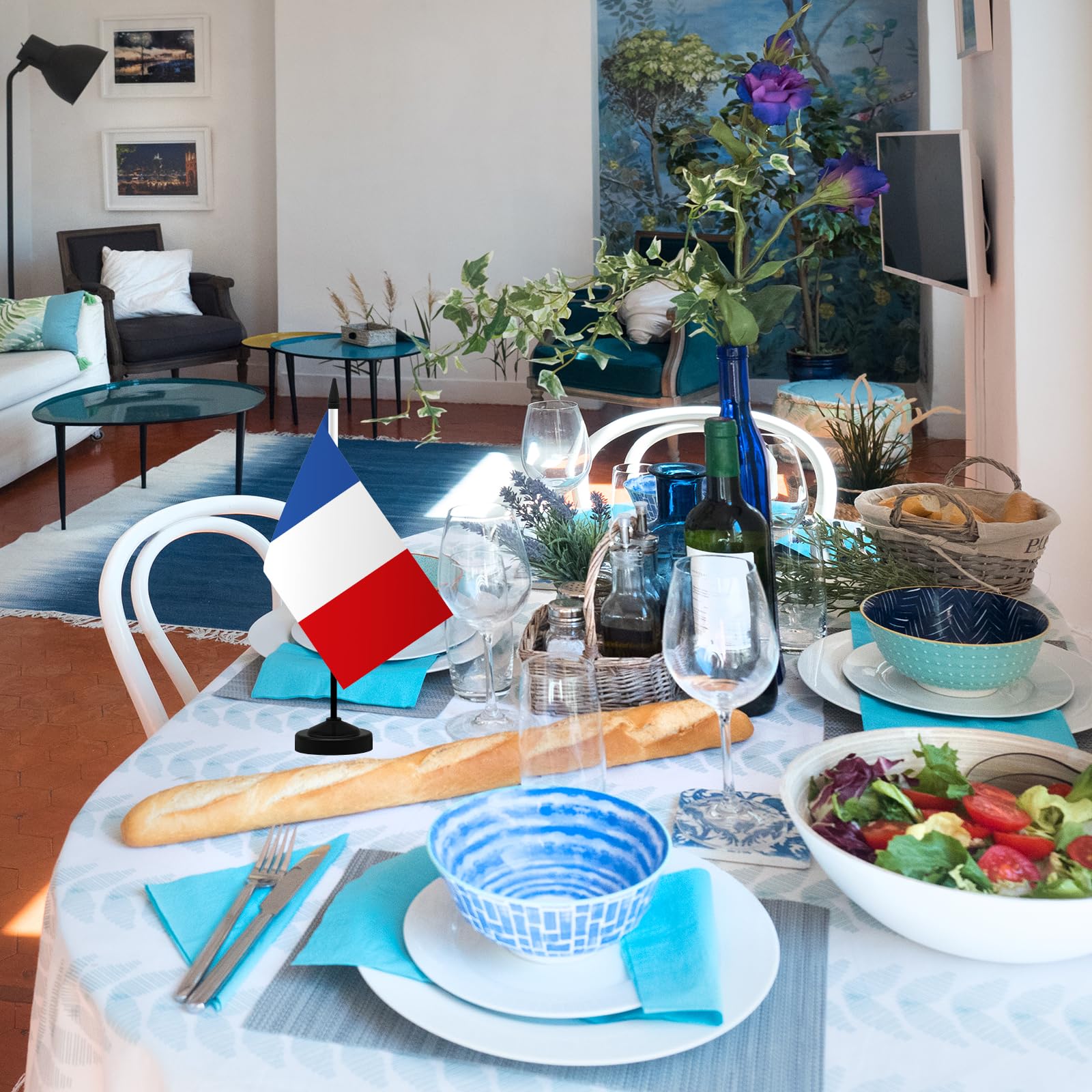 Ensemble de Drapeau Français de Table 21 x 14 CM avec Hampe et Socle 2 Pièces