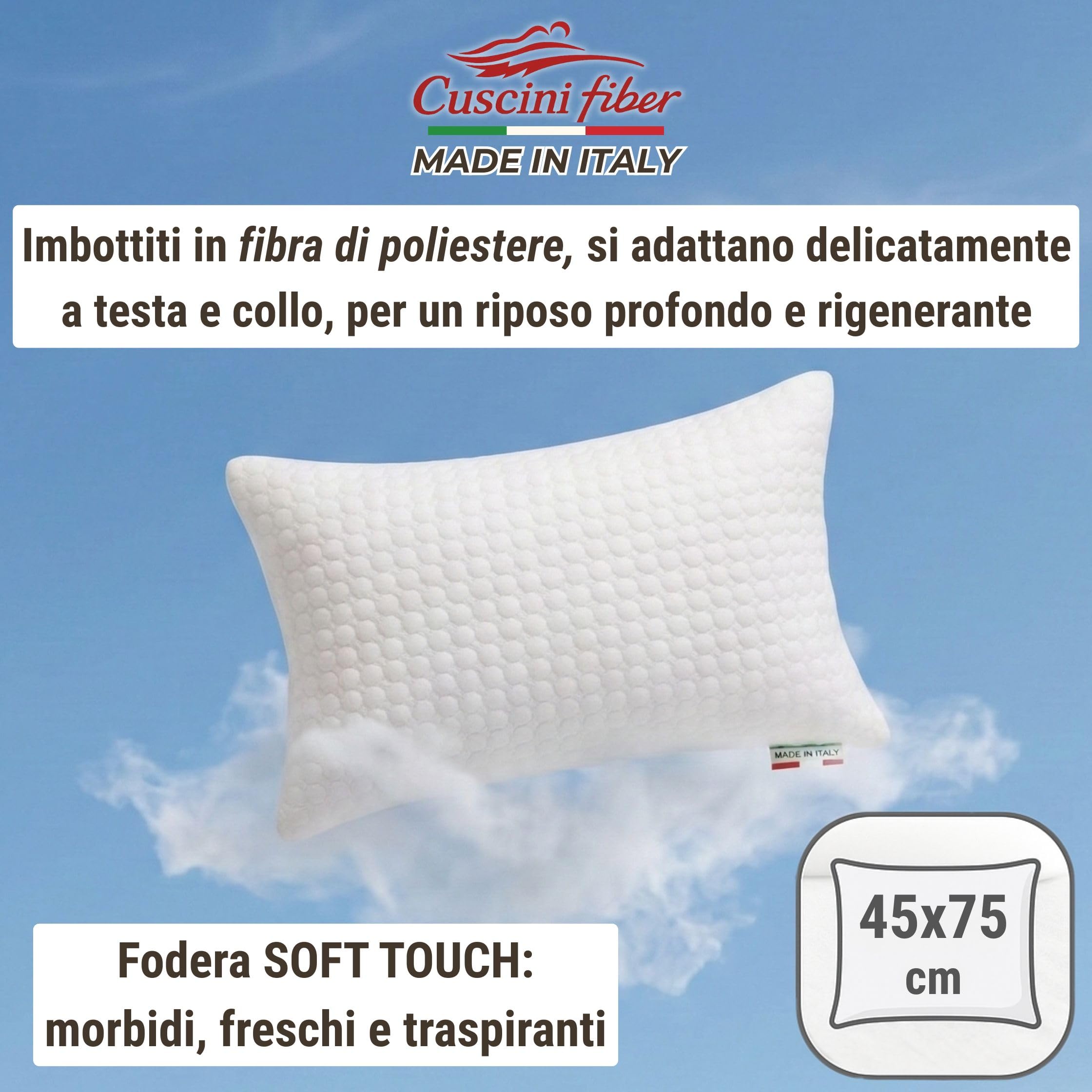cuscini fiber - 4 Cuscini Letto Matrimoniale 45x75cm, Guanciale Letto con Fodera Massaggiante Soft, Cuscini Antiacaro Anallergico, Morbida Imbottitura in Fibra di Poliestere Made in Italy