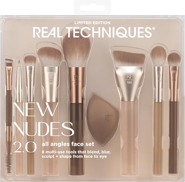 Real Techniques New Nudes 2.0 All Angles Face 10 Piece Set, Face & Eye Makeup Brushes, Includes Makeup Sponge, For Foundation, Concealer, Blush & Eyeshadow, Cruelty-Free - 1