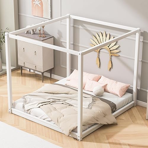 Miniatura 9 de Cama con dosel de metal, con plataforma de 4 postes de Coner con cabecera entrecruzada y estribo, tamaño Queen Forma de X negra,Natural,Blanco