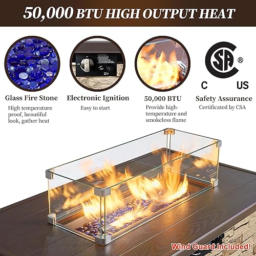 Miniatura 2 de PIZZELLO Mesa rectangular para fogata de propano de 43 pulgadas para exteriores, mesa rectangular de piedra para fogata de 50,000 Btu para patio