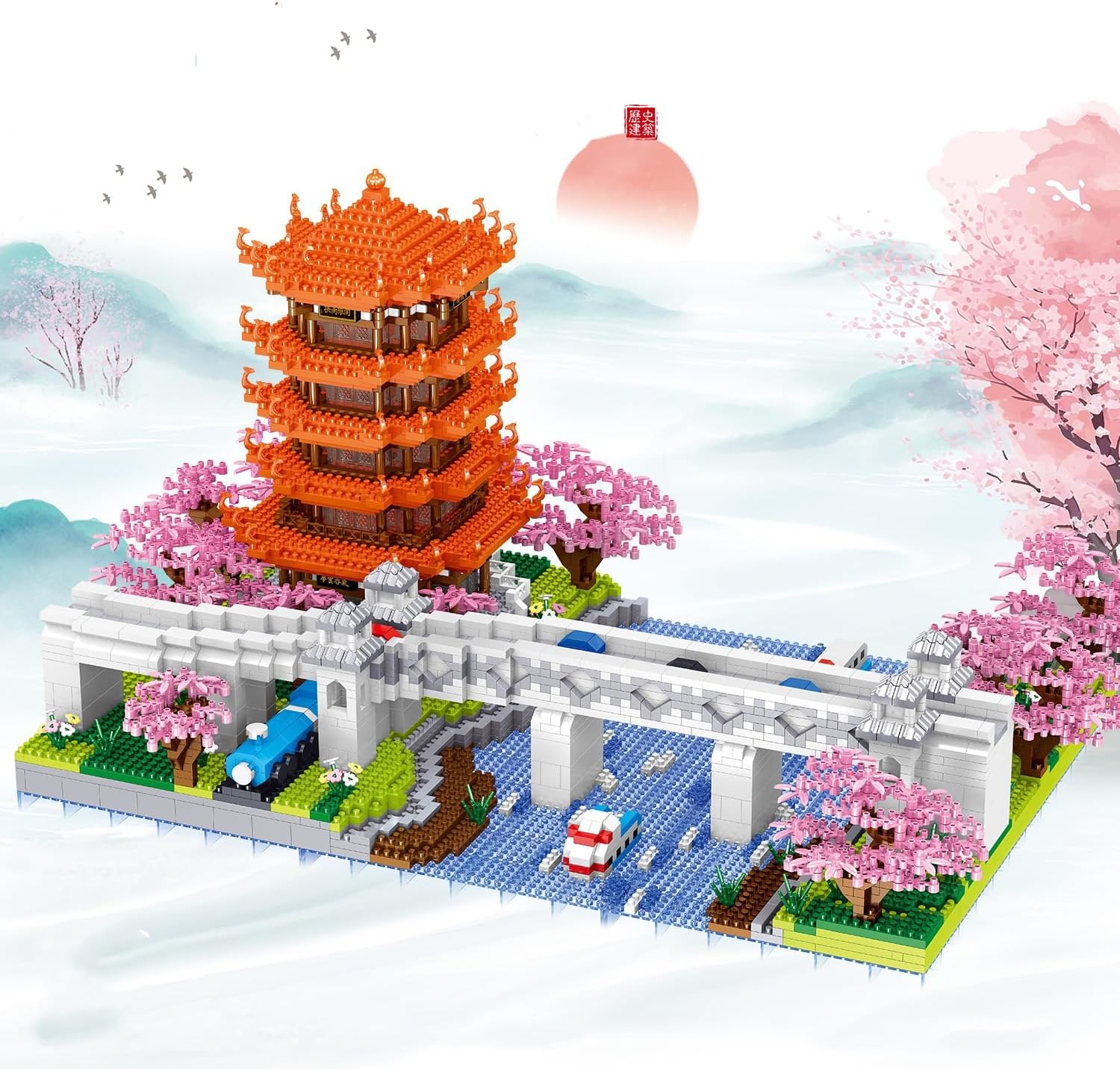 Yellow Crane Tower Building Blocks Yangtze River Bridge Building Set Huanghe Tower Brick Kit Chinese Architecture Model