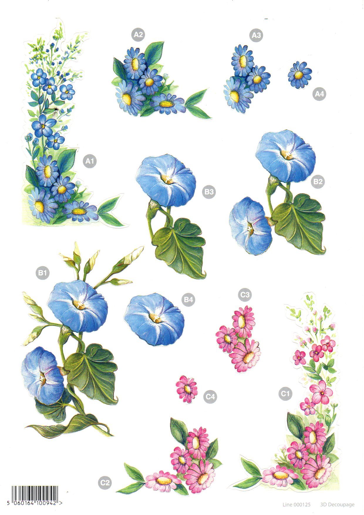 Ecstasy Crafts 3D Die-Cut Decoupage Sheet 8.3"X11.69"-Floral: Morning Glory & Daisies