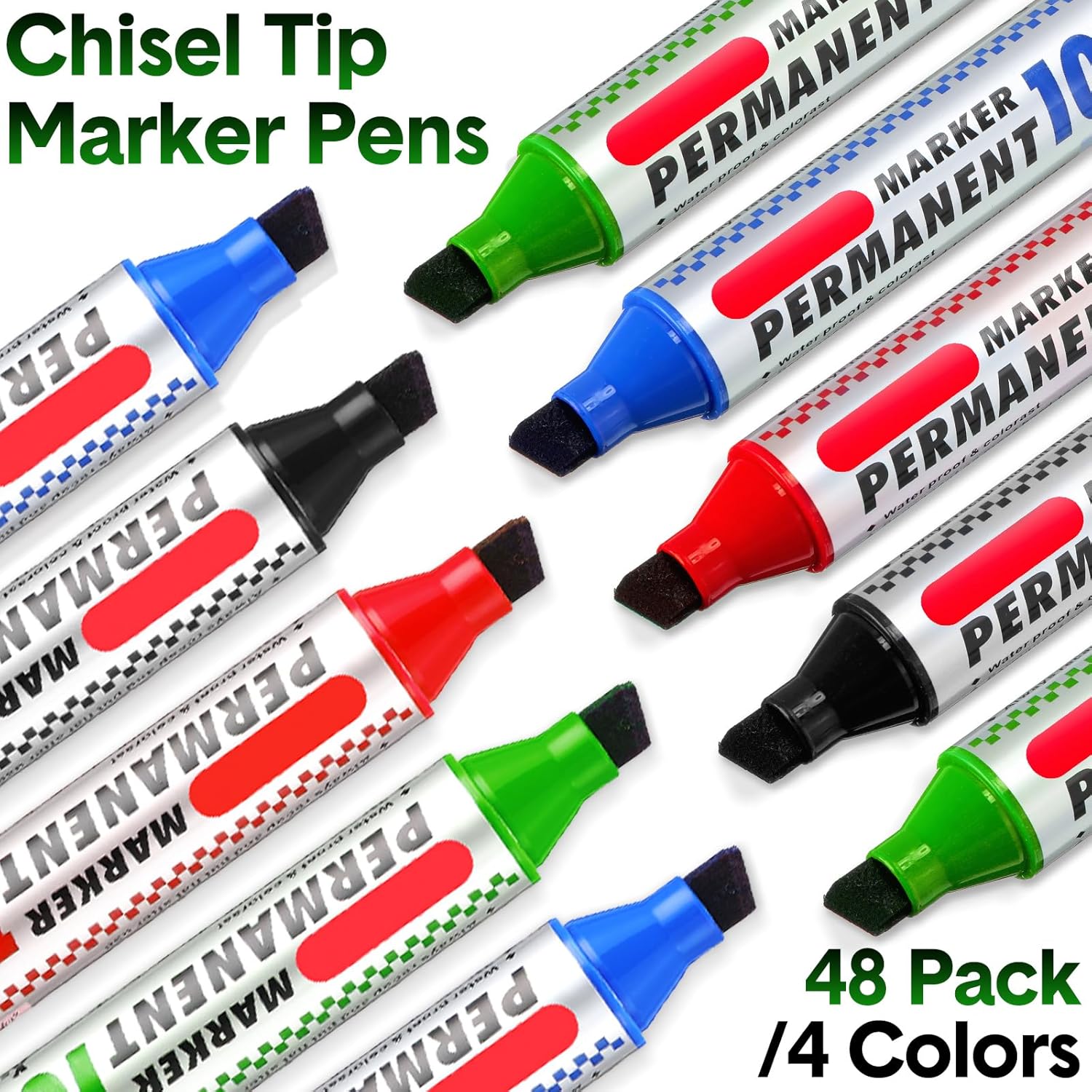 Thenshop 48 Pcs Jumbo Size Permanent Markers Bulk Waterproof Chisel Tip Marker Pens for Industrial Use Work on Wood Metal Plastic Stone Glass(Black, Blue, Green, Red)