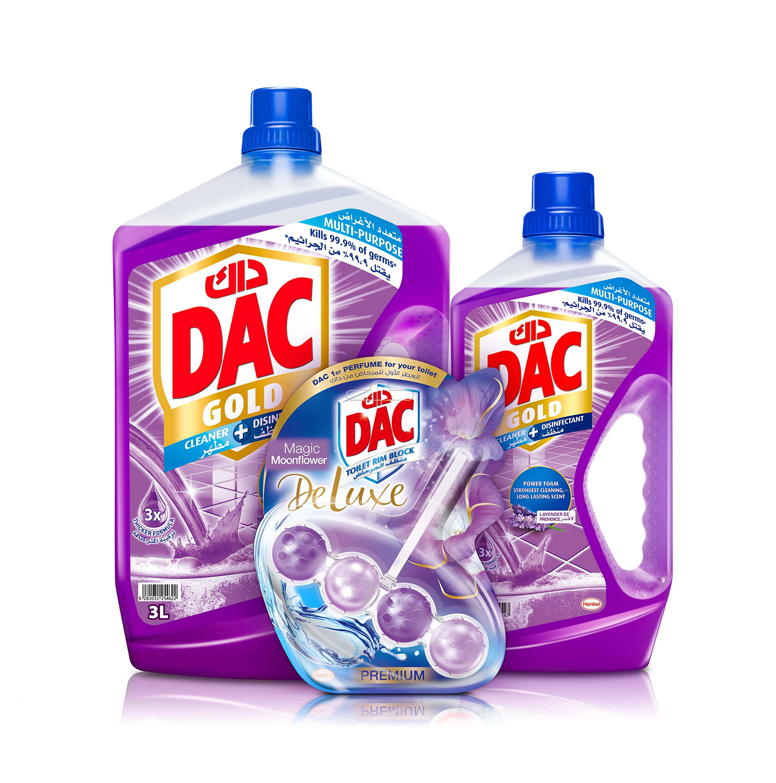 Gold Disinfectant Multi-Purpose Cleaner, Lavender (3L+1L) And Dac Deluxe Toilet Rim Block, Moonflower 50G