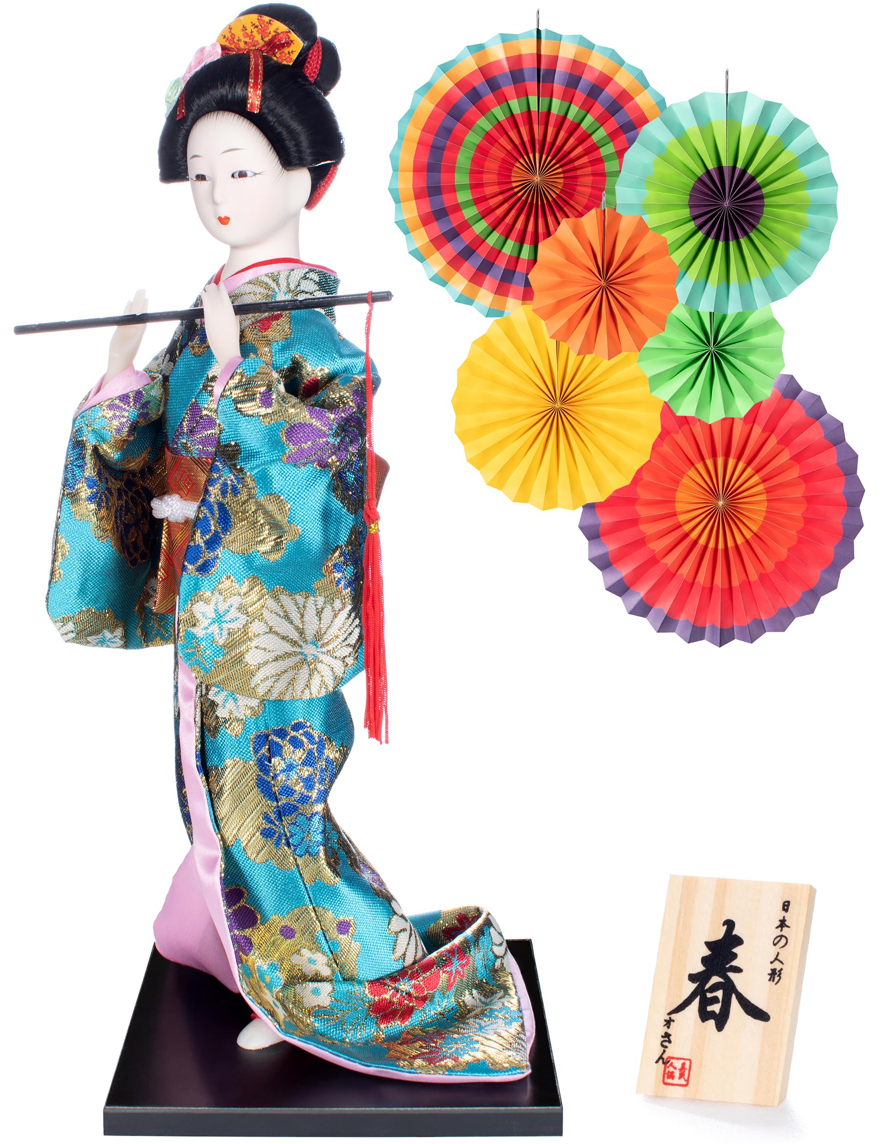 ALAMIYA Home Decoration Asian Japanese Geisha Kimono Doll Collectible Figurine Gift with Paper Fan Green