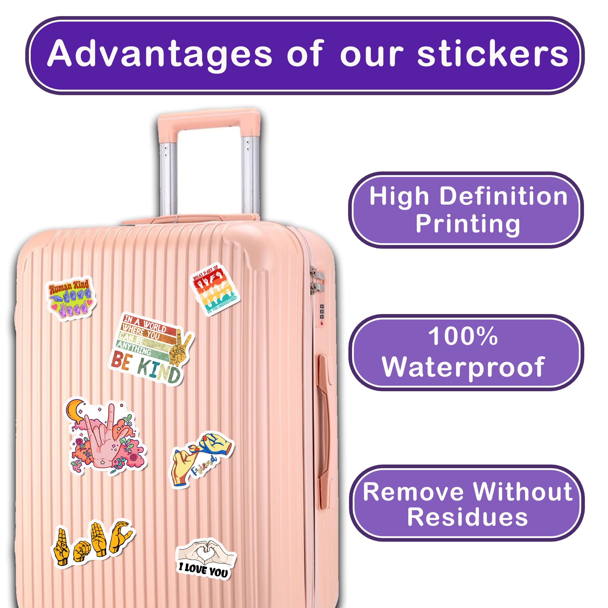 Pack 50 PCS ASL Stickers American Sign Language Vinyl Decals Waterproof Decorations Patches Laptop Bumper Water Bottles Computer Bicycle Luggage Cup Phone Case Skateboard