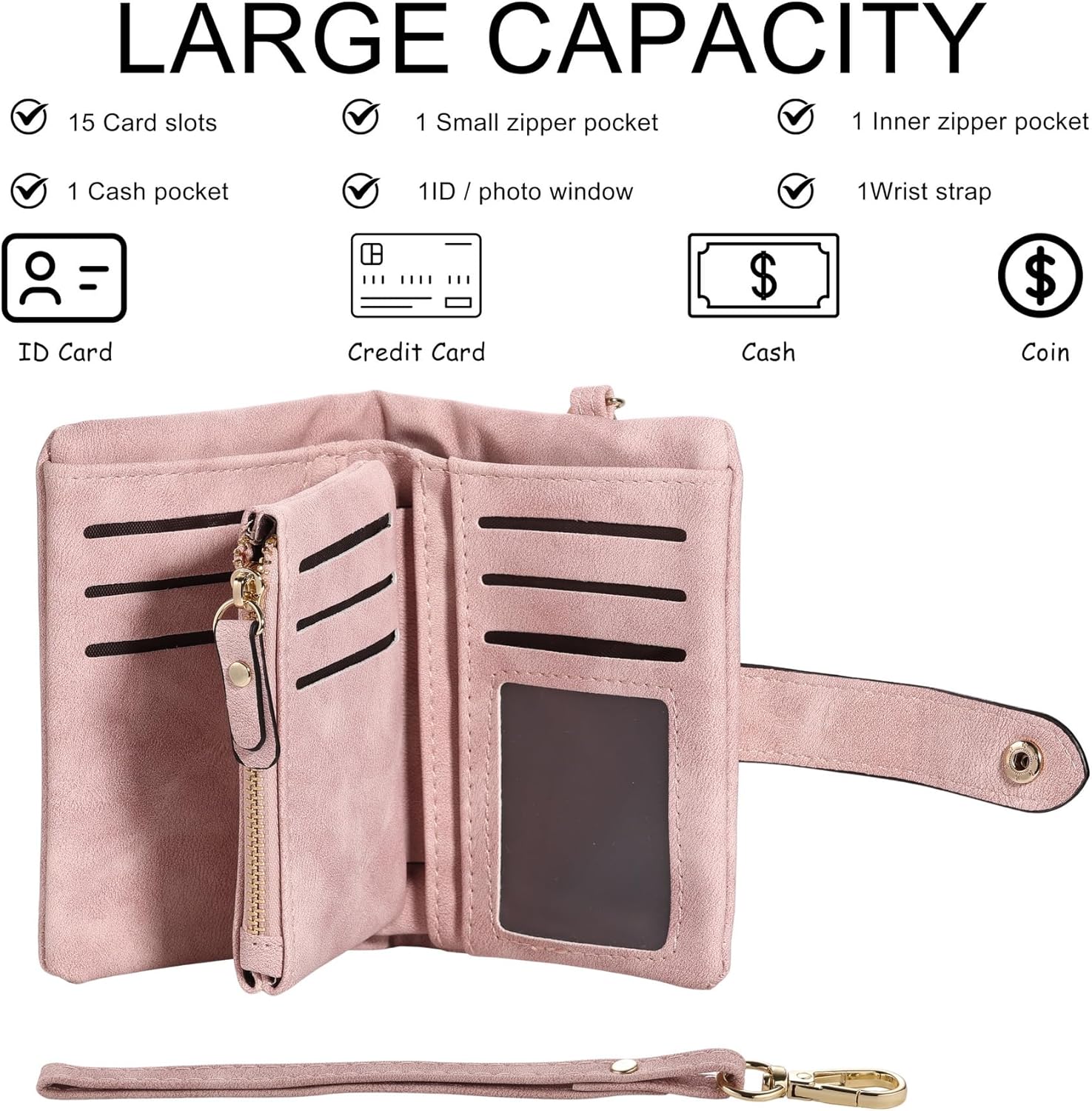 MeMeDIY Personalized Leather Wallets for Women with Name & Birth Flower Custom Small Ladies Wallet with Zipper Coin Purse, Wrist Strap, Gifts for Girlfriend Wife Mother’s Day - Pink - Image 3