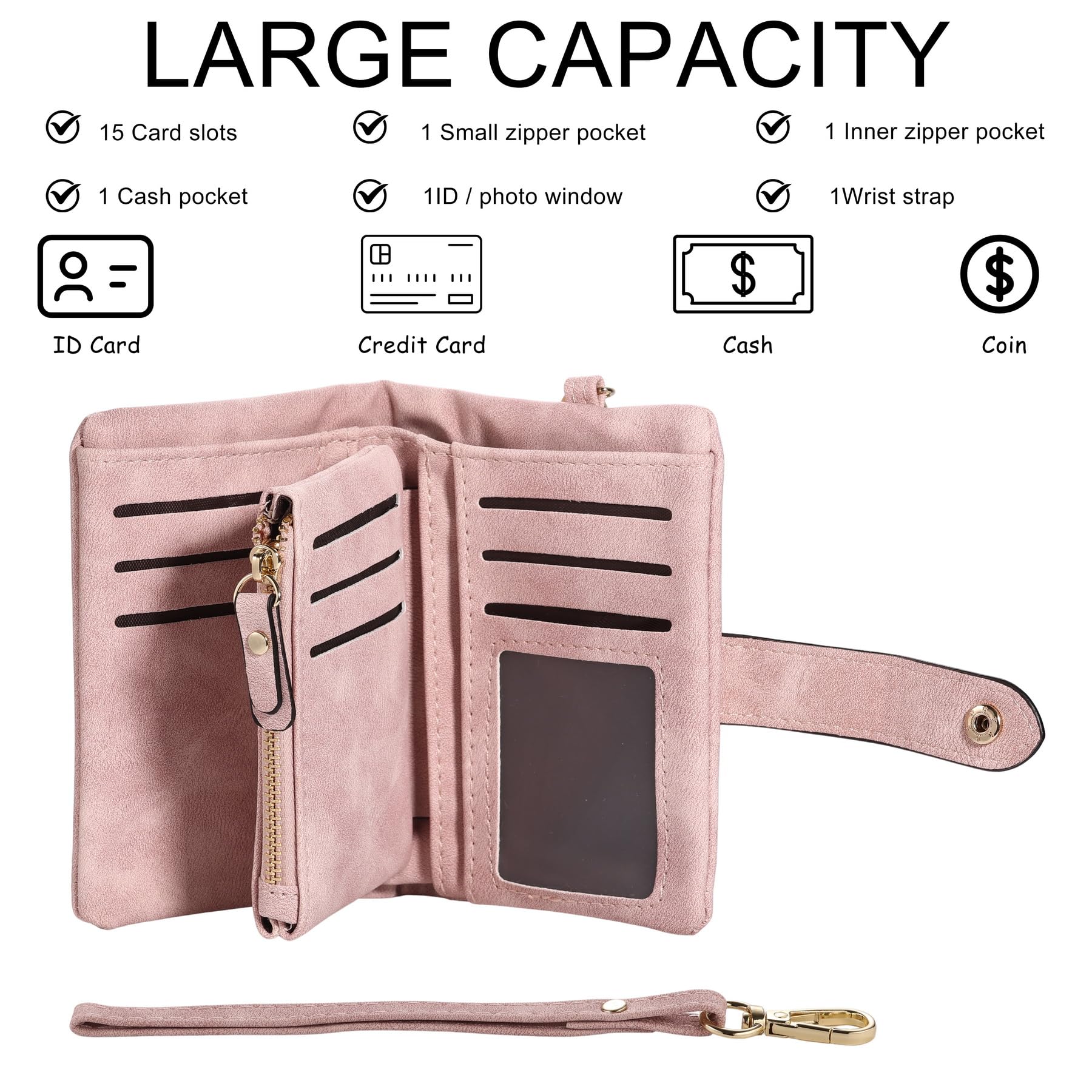 MeMeDIY Personalizado Cuero Carteras de Mujer con Monedero con Cremallera con Pulsera Cartera Pequeña Mujer con Nombre y Flor de Nacimiento Regalos para Novia Esposa Día de la Madre - Rosa